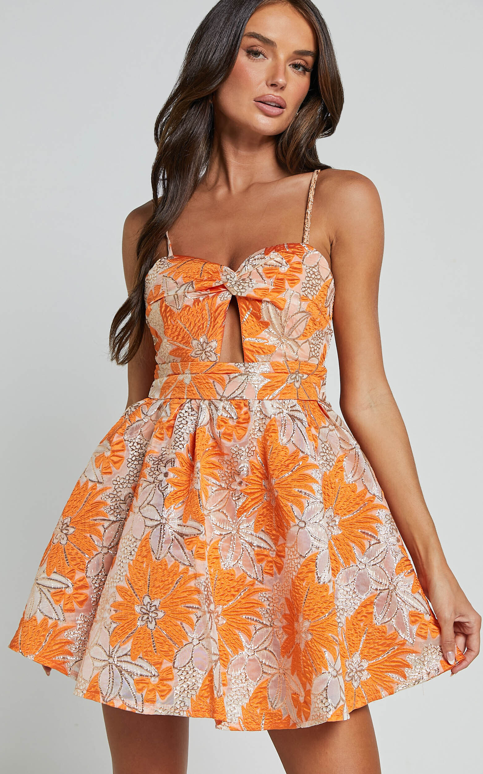 Alena Mini Dress - Sweetheart Sleeveless Cut Out Front Dress in Orange