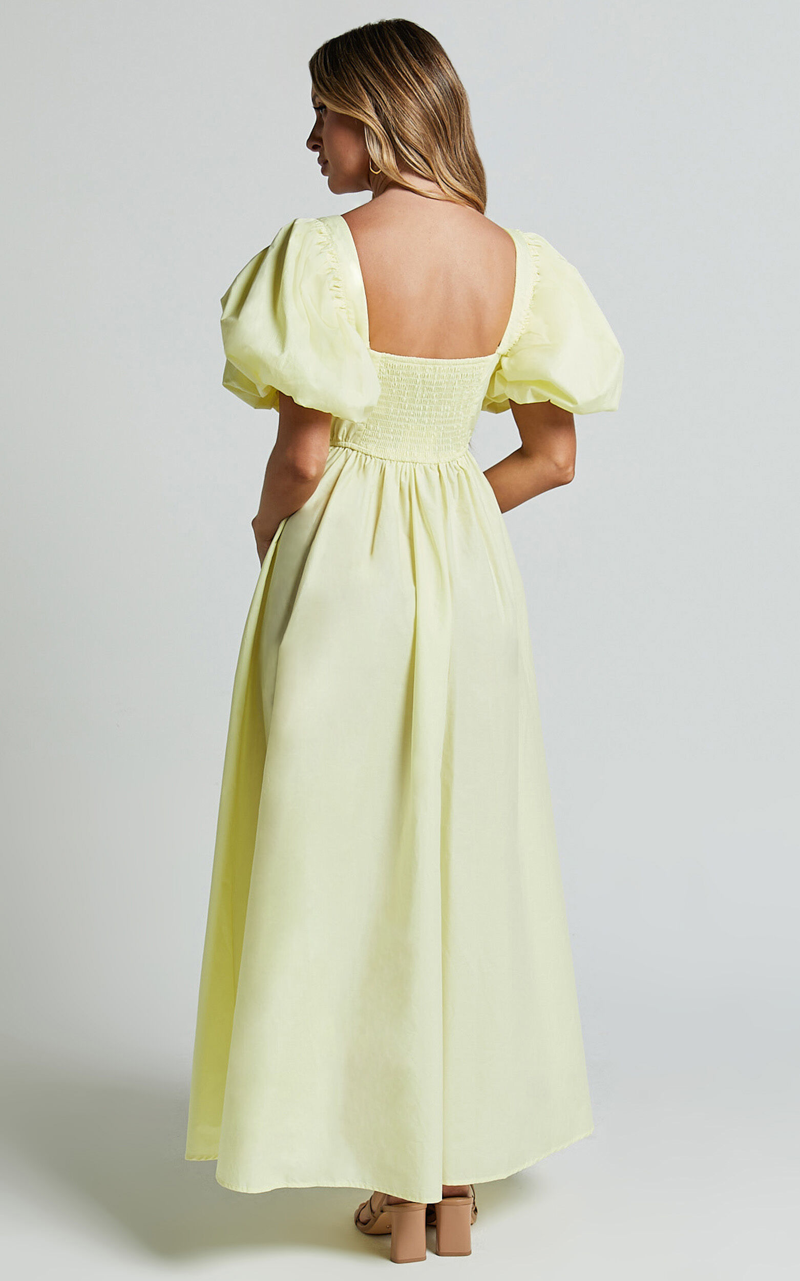 Raiza Midi Dress - Shirred Waist Puff Sleeve Dress in Lemon