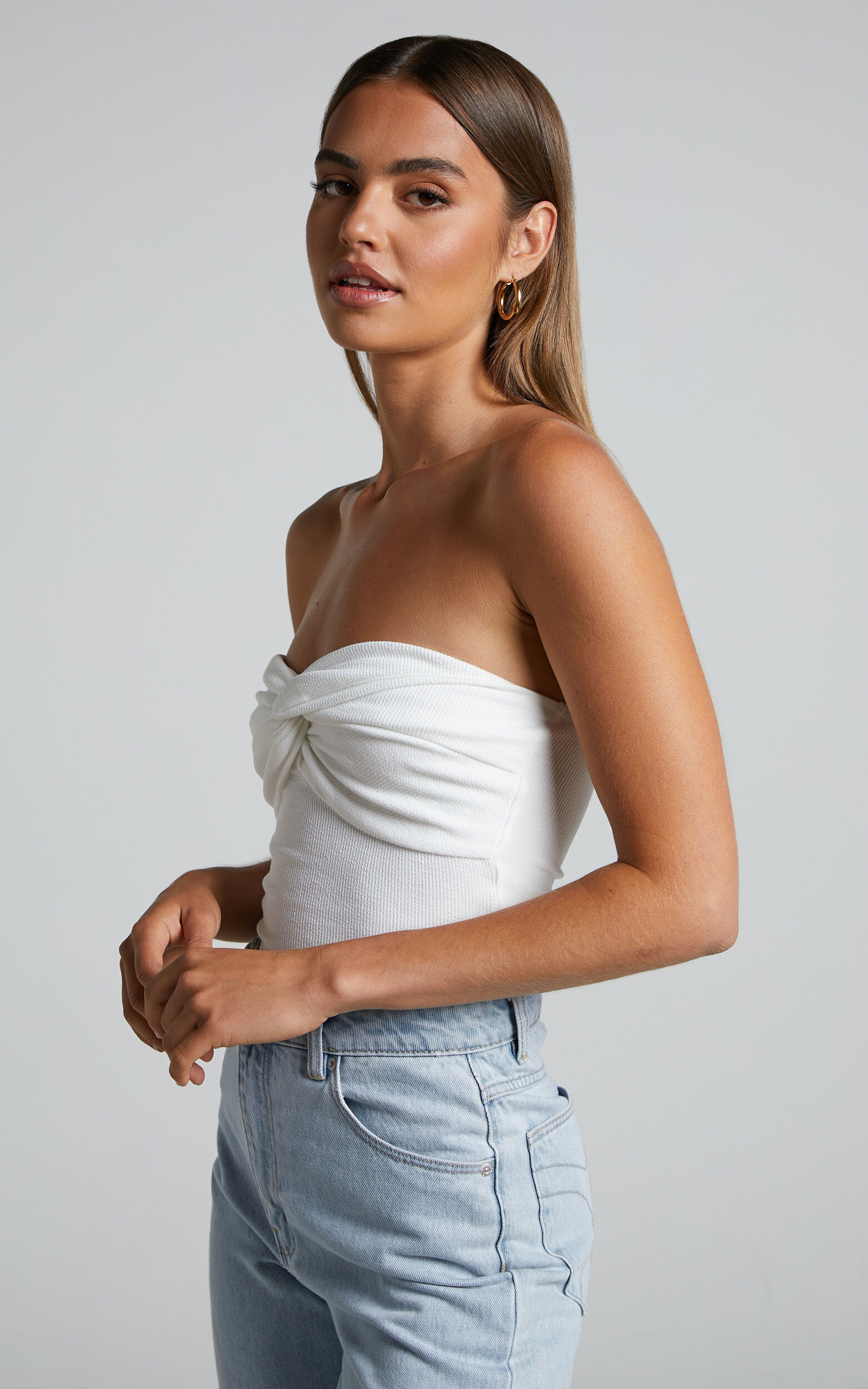 Jelena Top - Jersey Strapless Twist Front Top in White
