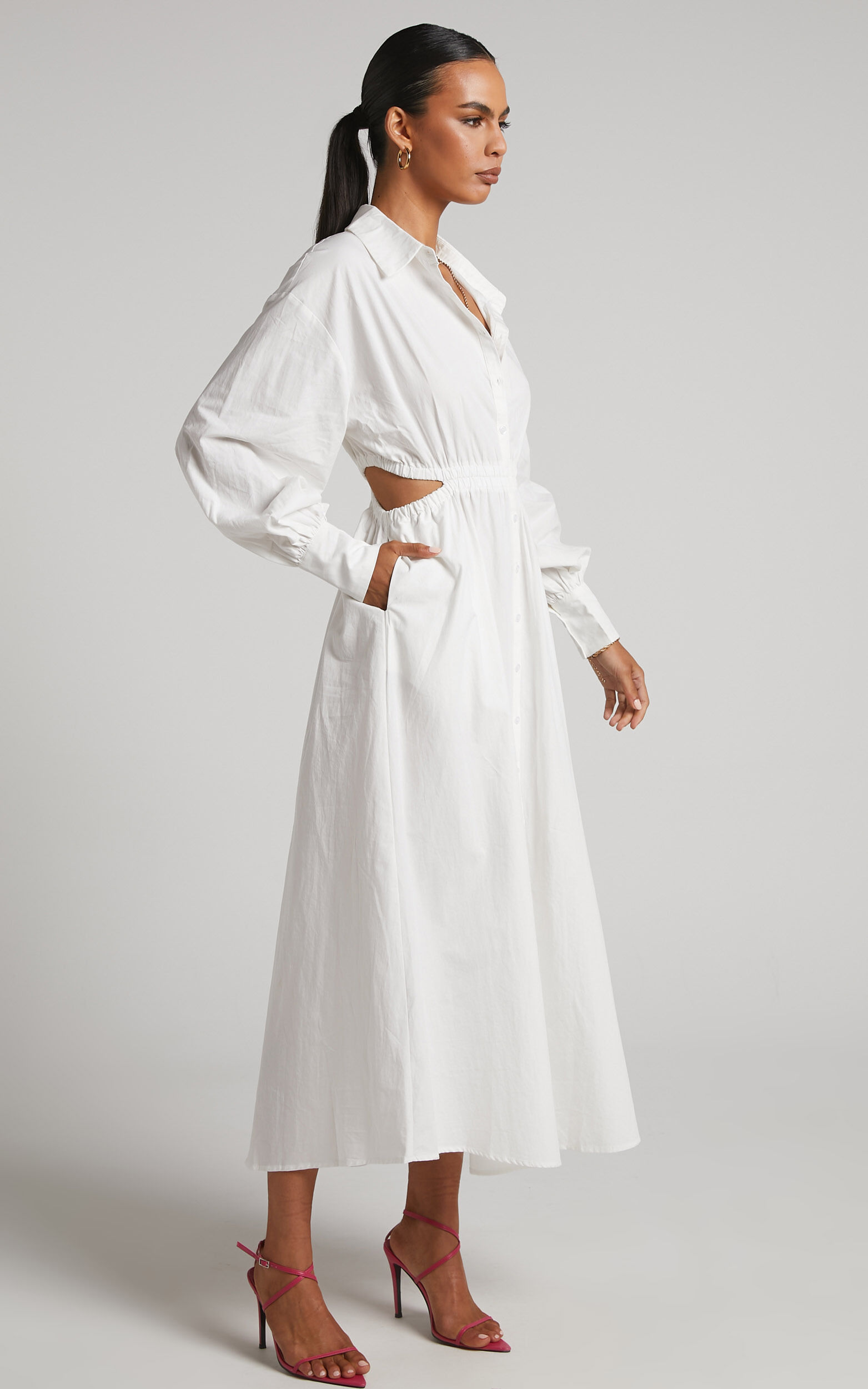 Merabelle Midi Dress - Side Cut Out Collared Long Sleeve Shirt Dress in White