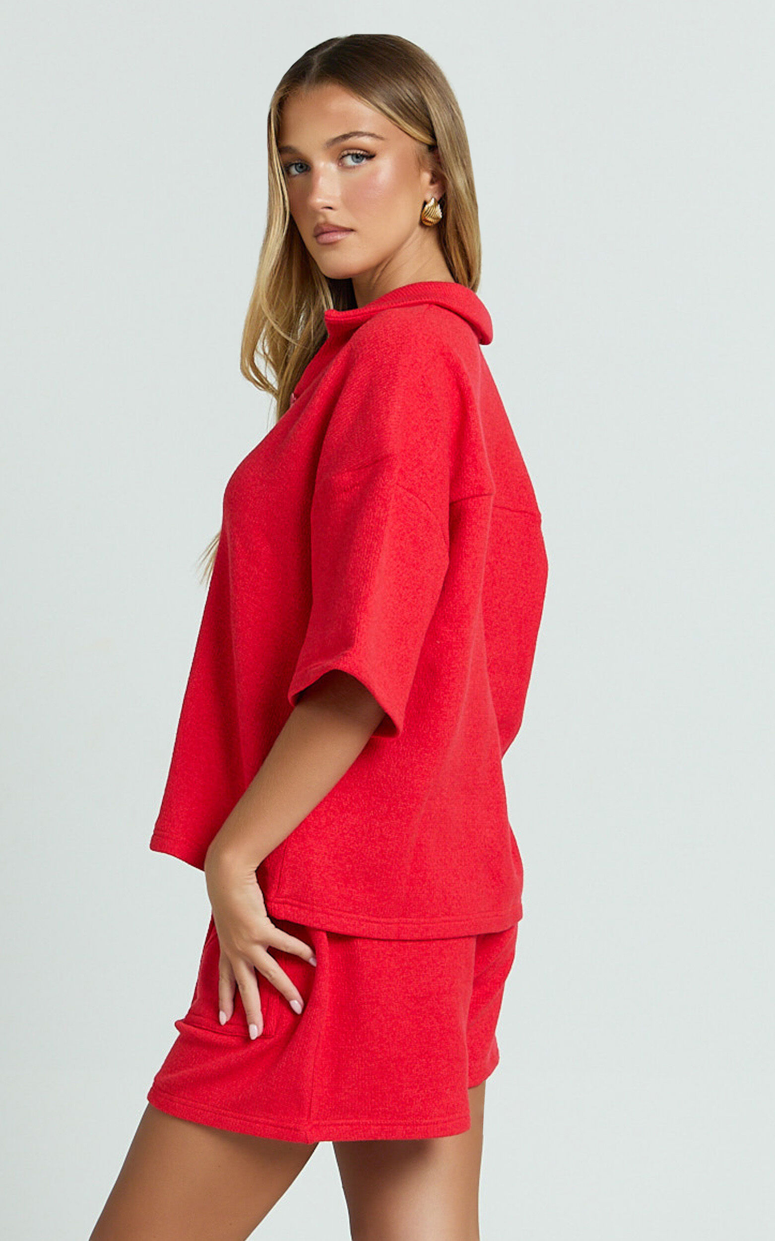 Kahlani Two Piece Set - Collared Short Sleeve and High Waisted Shorts in Red