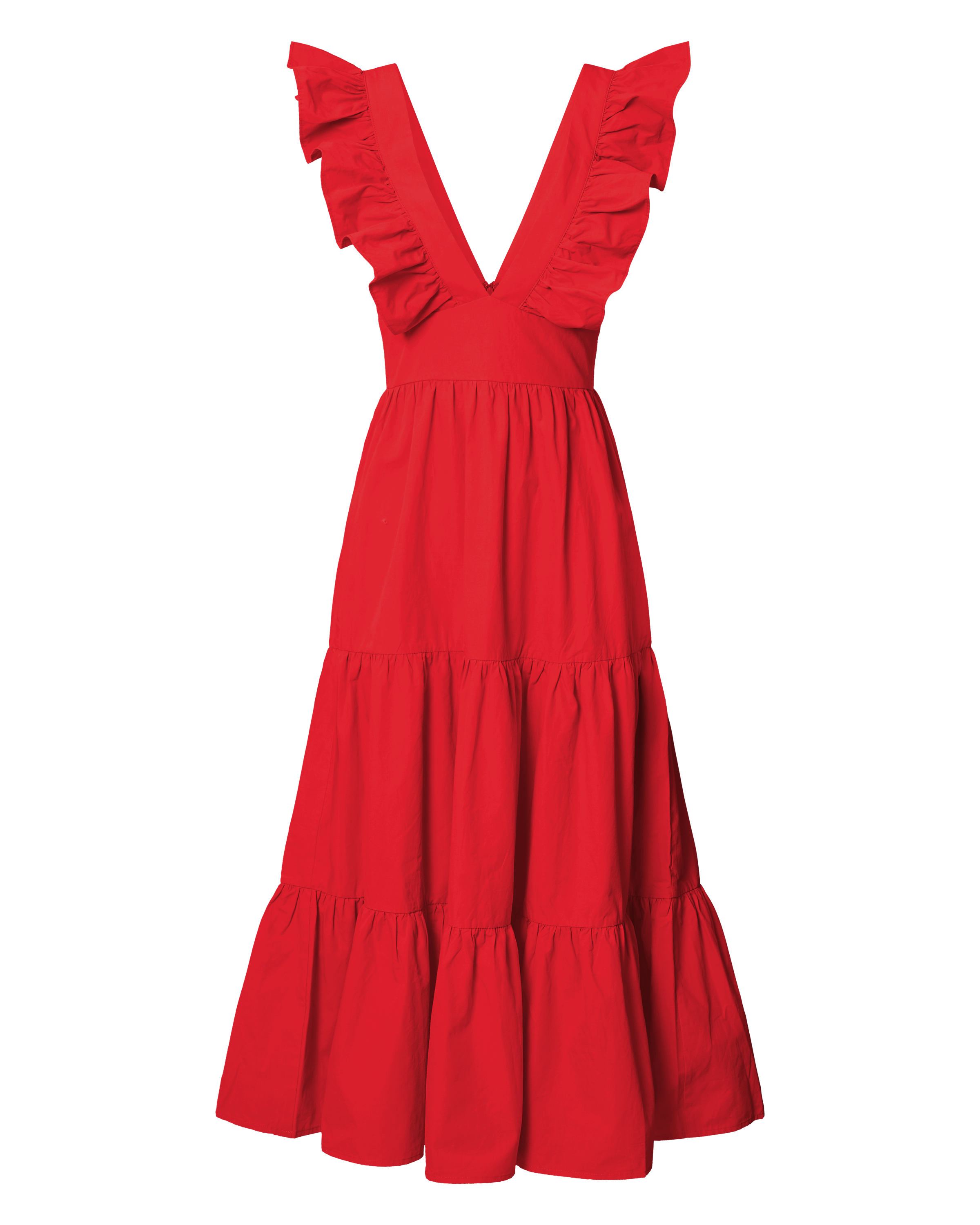 Levona Midi Dress - Ruffle Shoulder Tiered Dress in Cherry Tomato