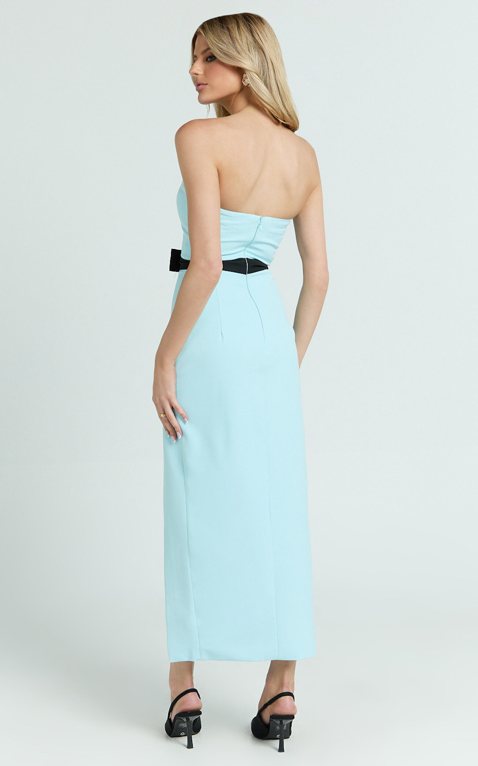 Veronica Midi Dress - Sweetheart Strapless Bow Detail High Split Dress in Blue & Black