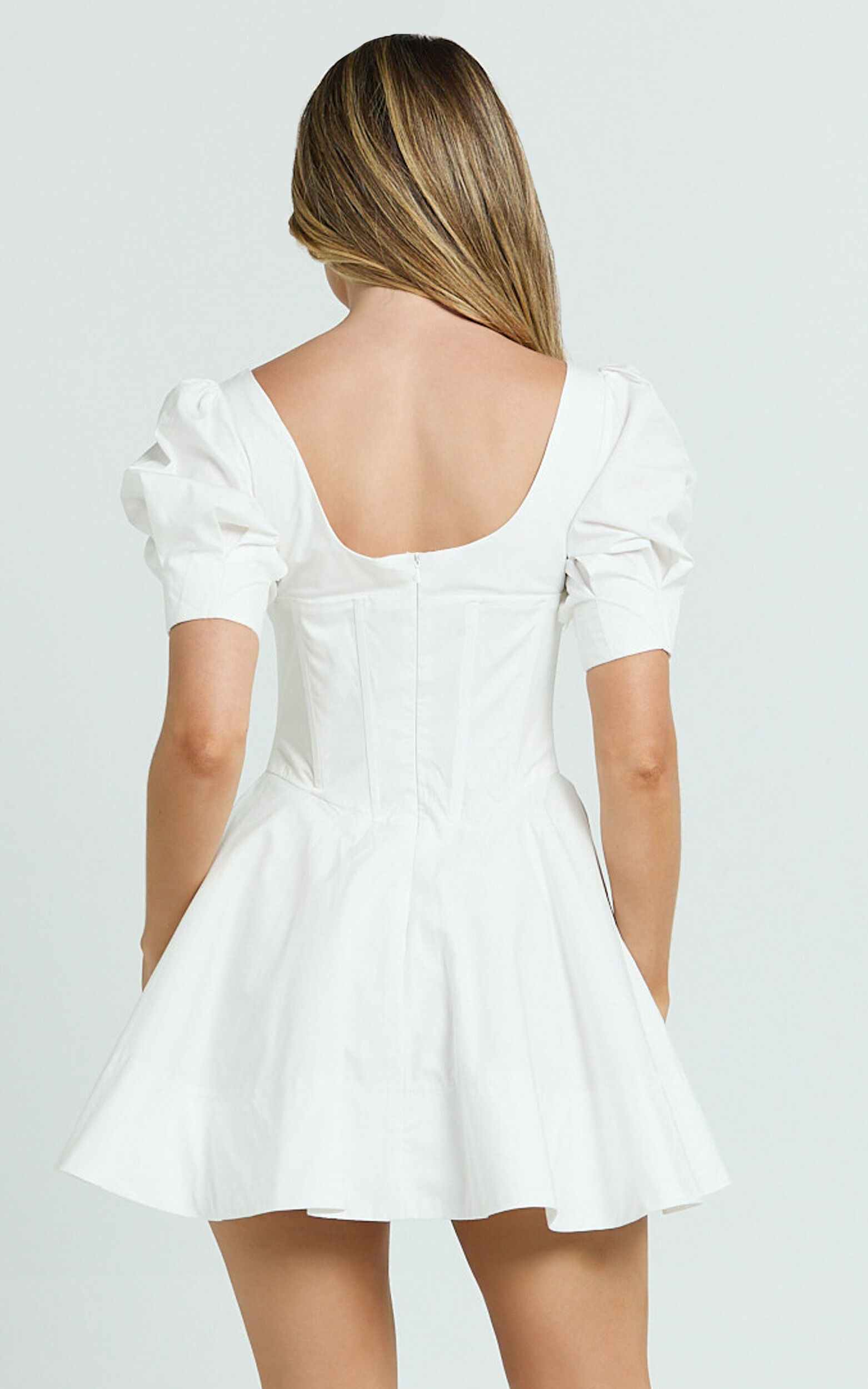 Emma Mini Dress - Scoop Neck Sleeved Corset Drop Waist Circular Skirt Dress in Off White