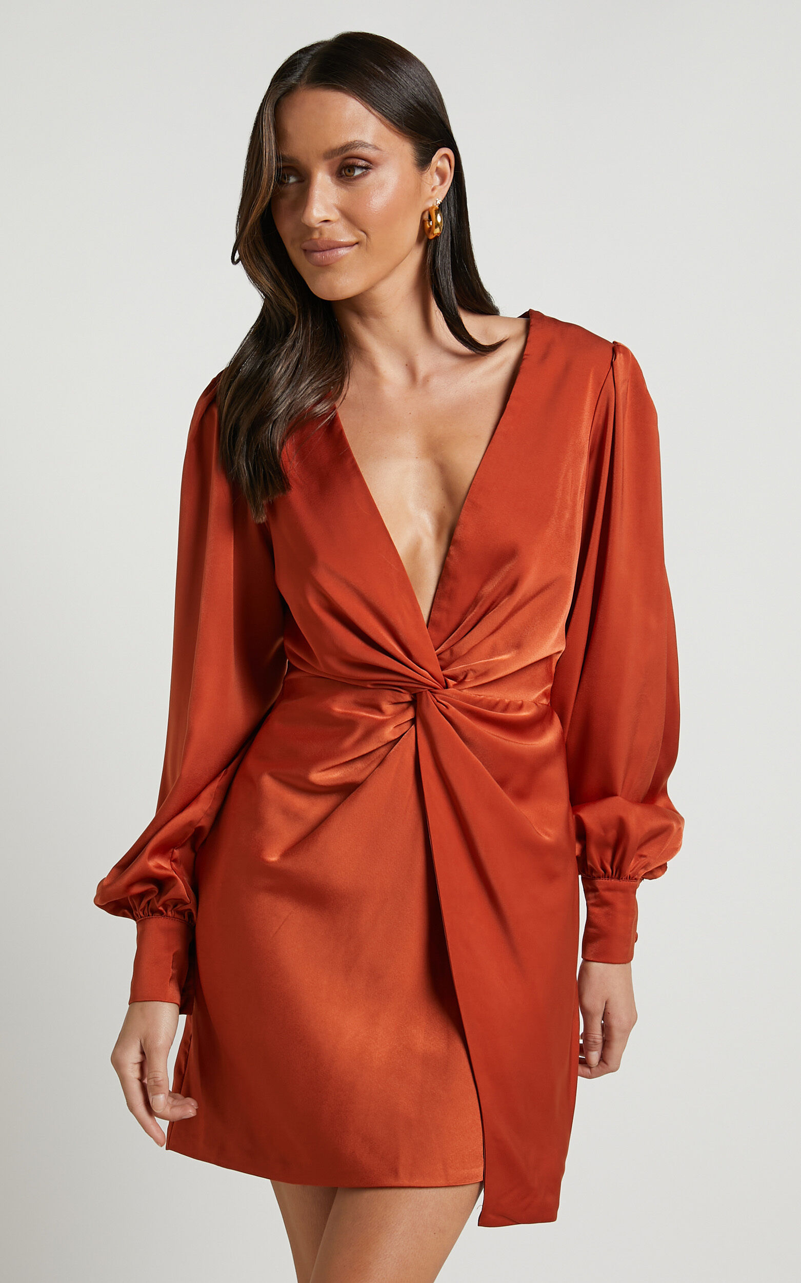 Billie Mini Dress - Twist Front Long Puff Sleeves Dress in Copper