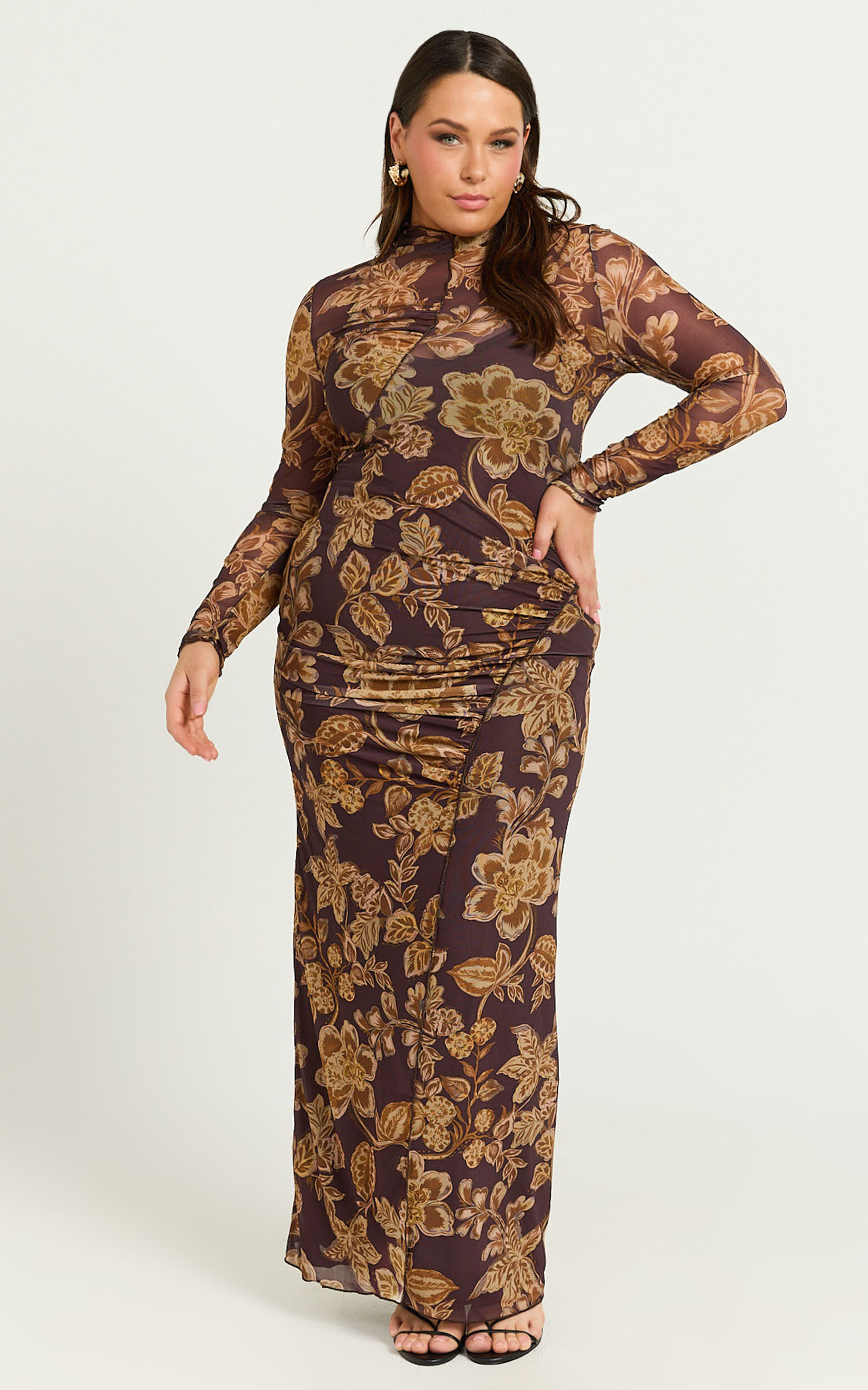 Vivian Midi Dress - High Neck Long Sleeve Mesh Dress in Amber Bloom Print