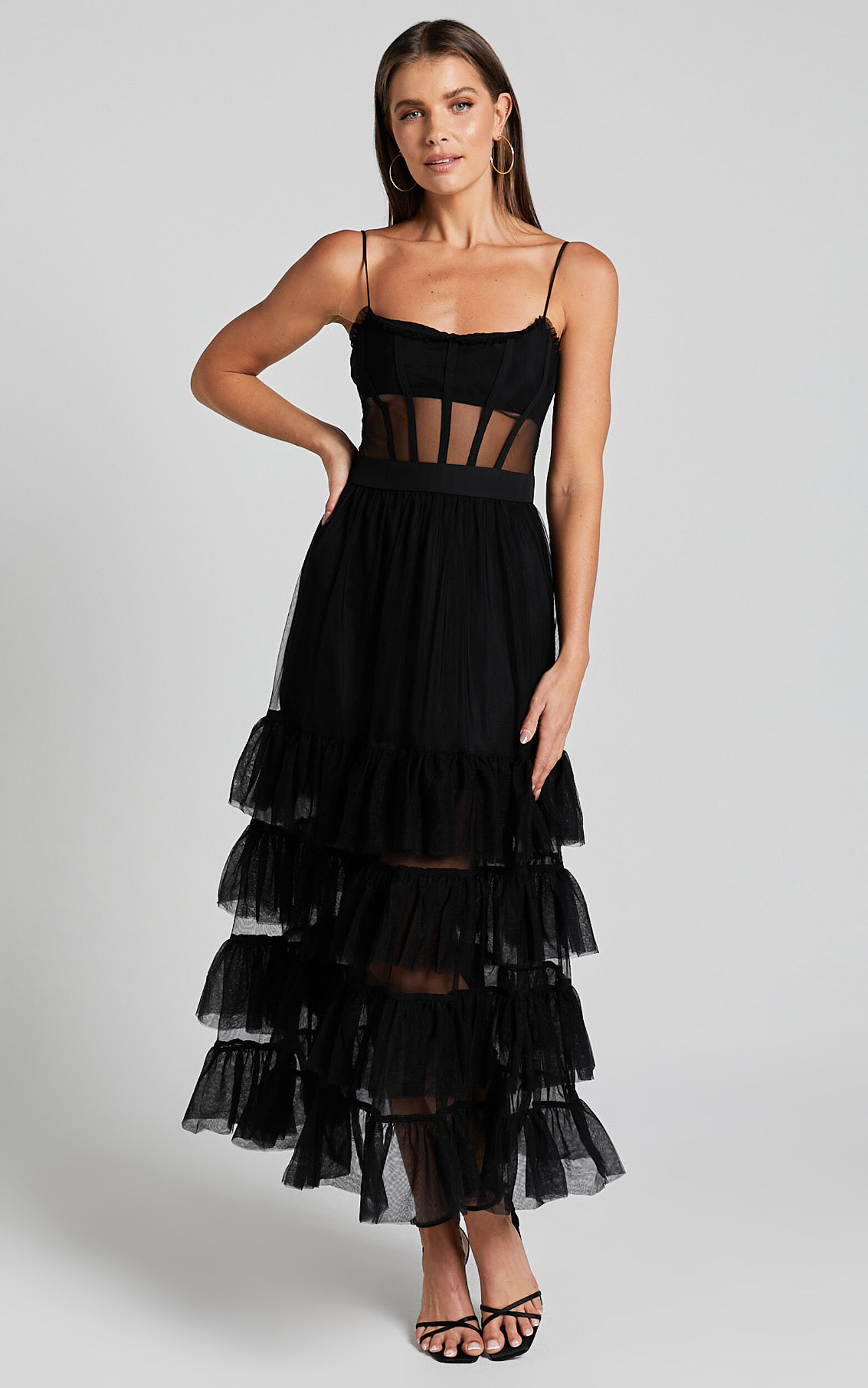 Evelynn Maxi Dress - Sweetheart Corset Bodice Fit & Flare Tiered in Black