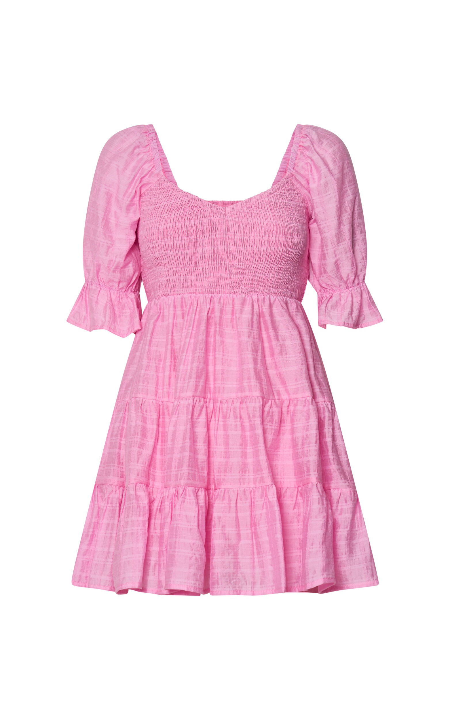 Britany Mini Dress - Shirred Puff Sleeve Tiered Dress in Pink