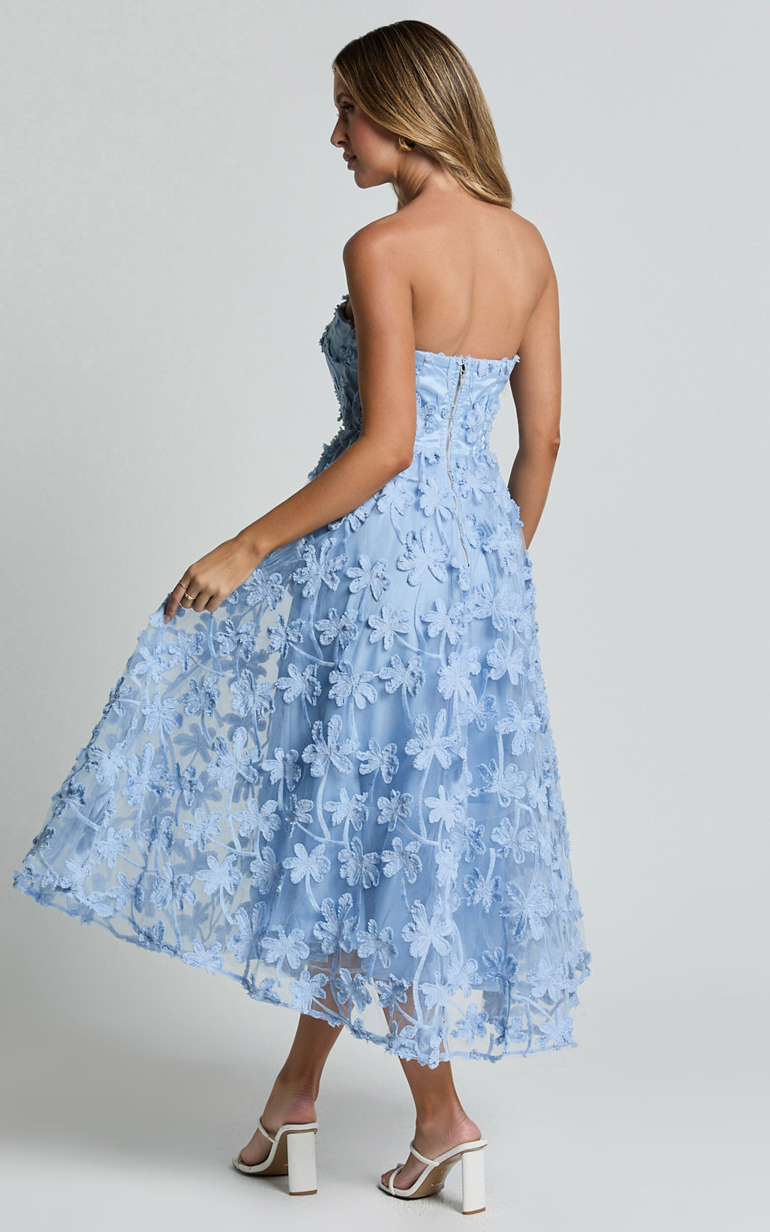 Rheiva Midi Dress - Strapless 3D Embroidery Midi Dress in SOFT BLUE