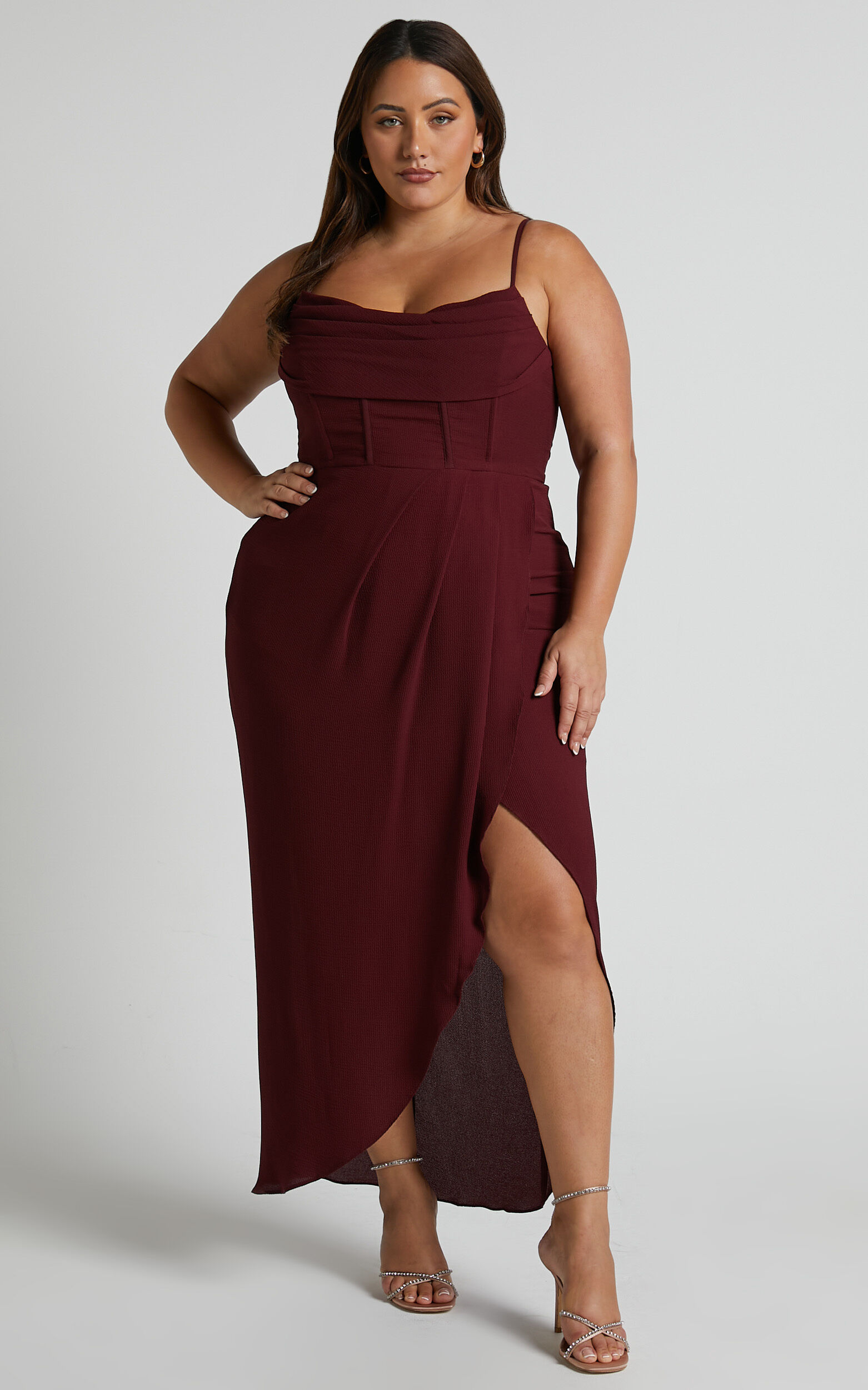 Andrina Midi Dress - High Low Wrap Corset Dress in Wine