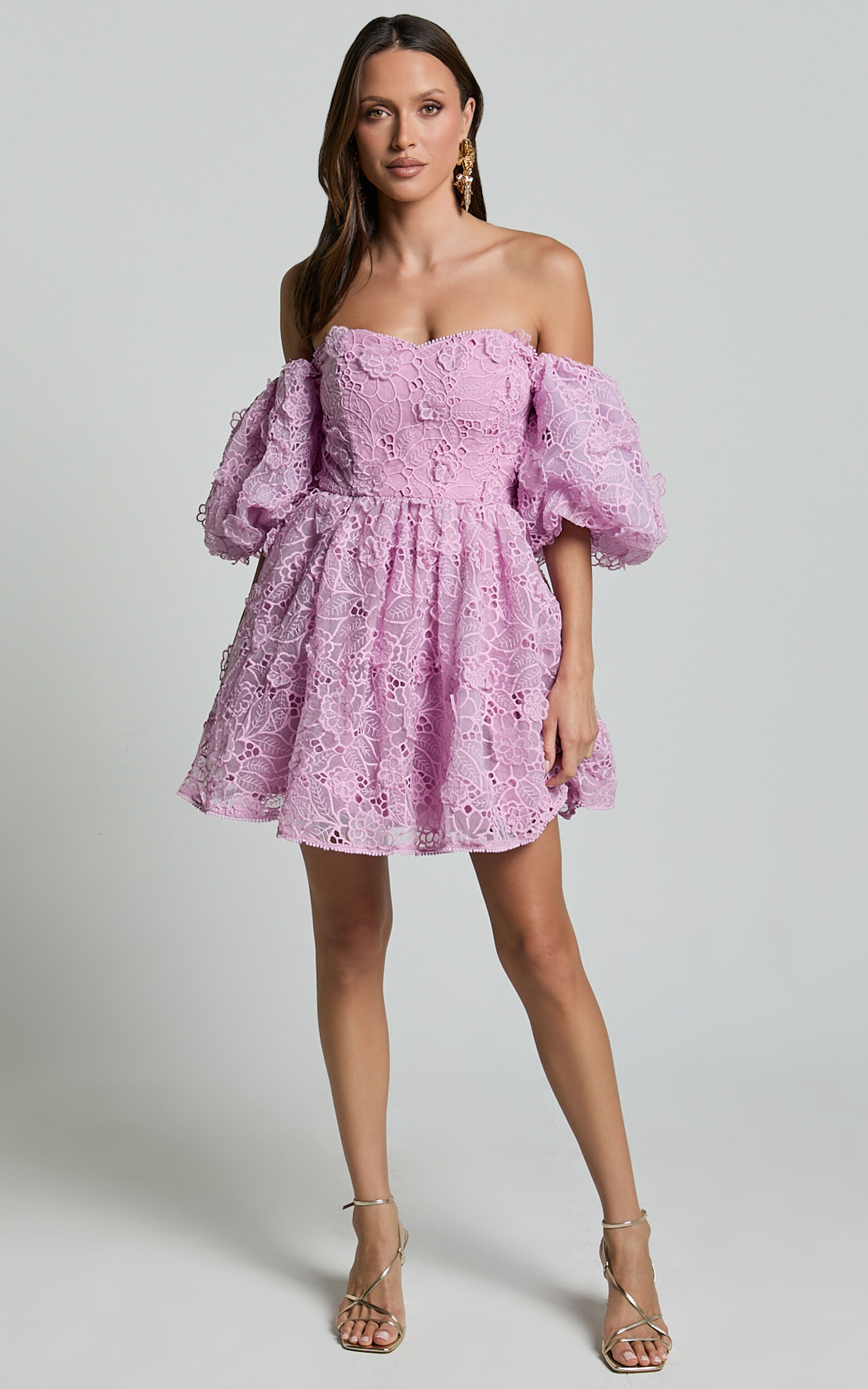 Amalie The Label - Lorena Sweetheart Off Shoulder Puff Sleeve Mini Dress in Purple