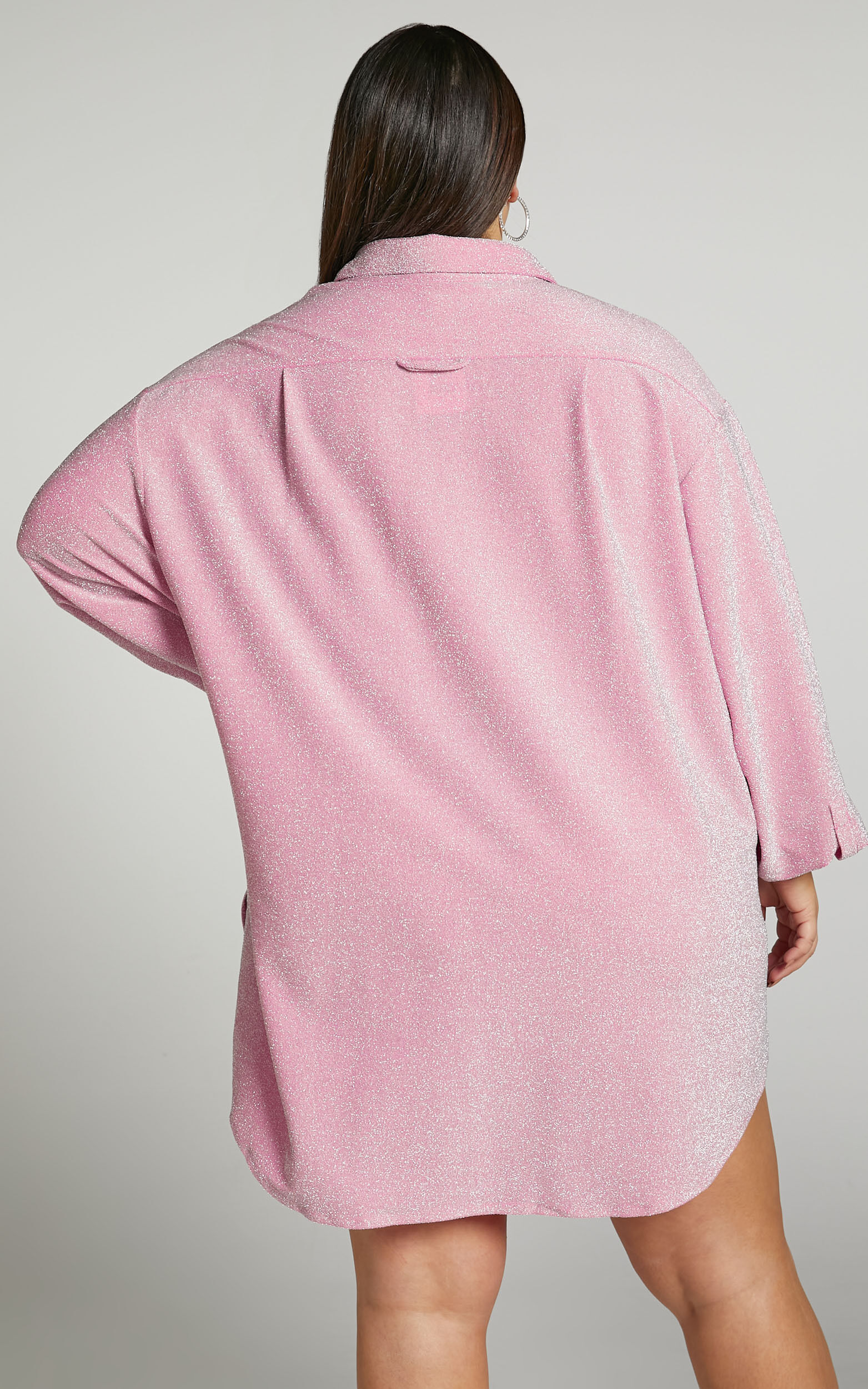 Ruri Mini Dress - Sparkly Oversized Shirt Dress in Pink