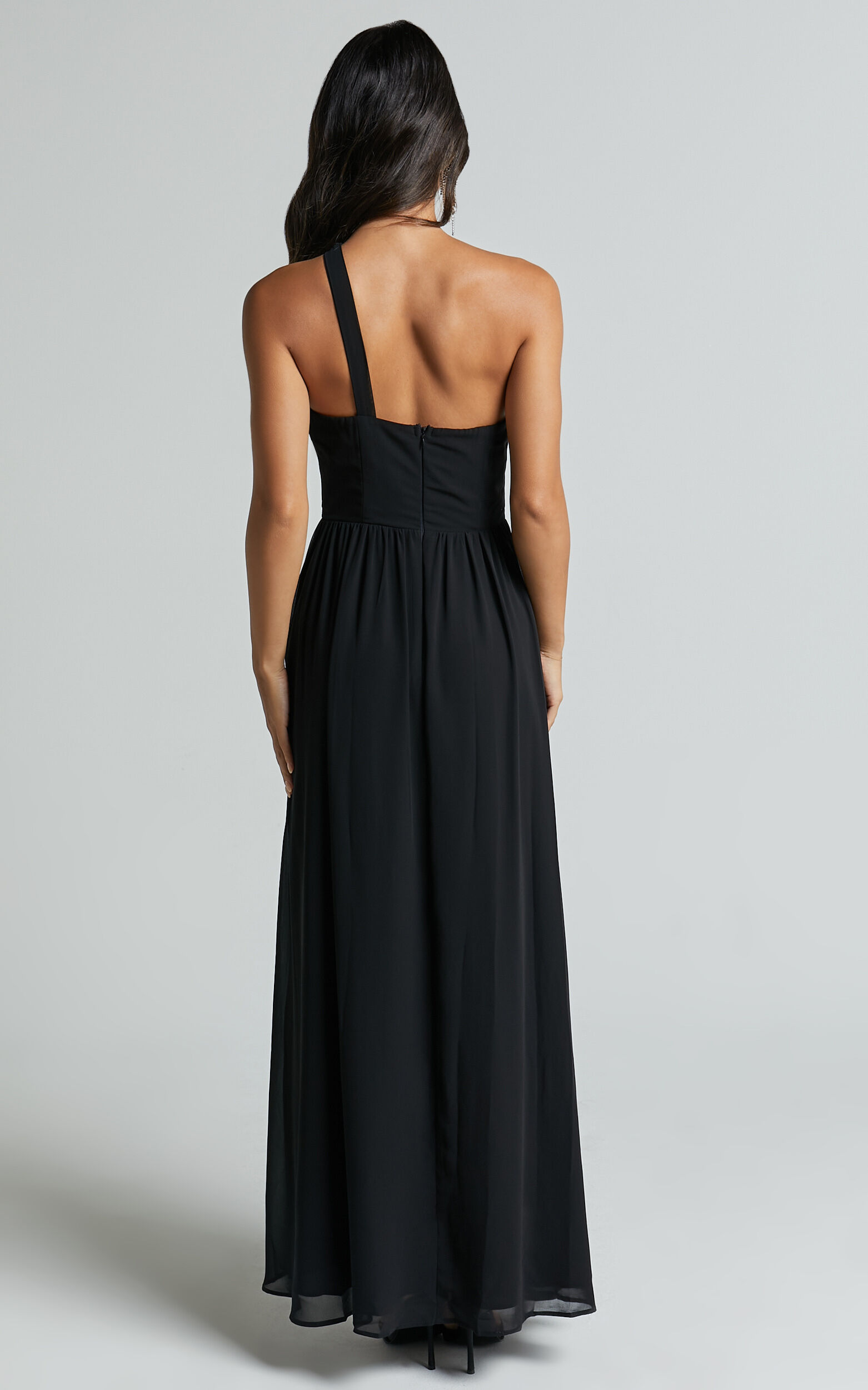Amorette Maxi Dress - One Shoulder Detail Gown Dress in Black