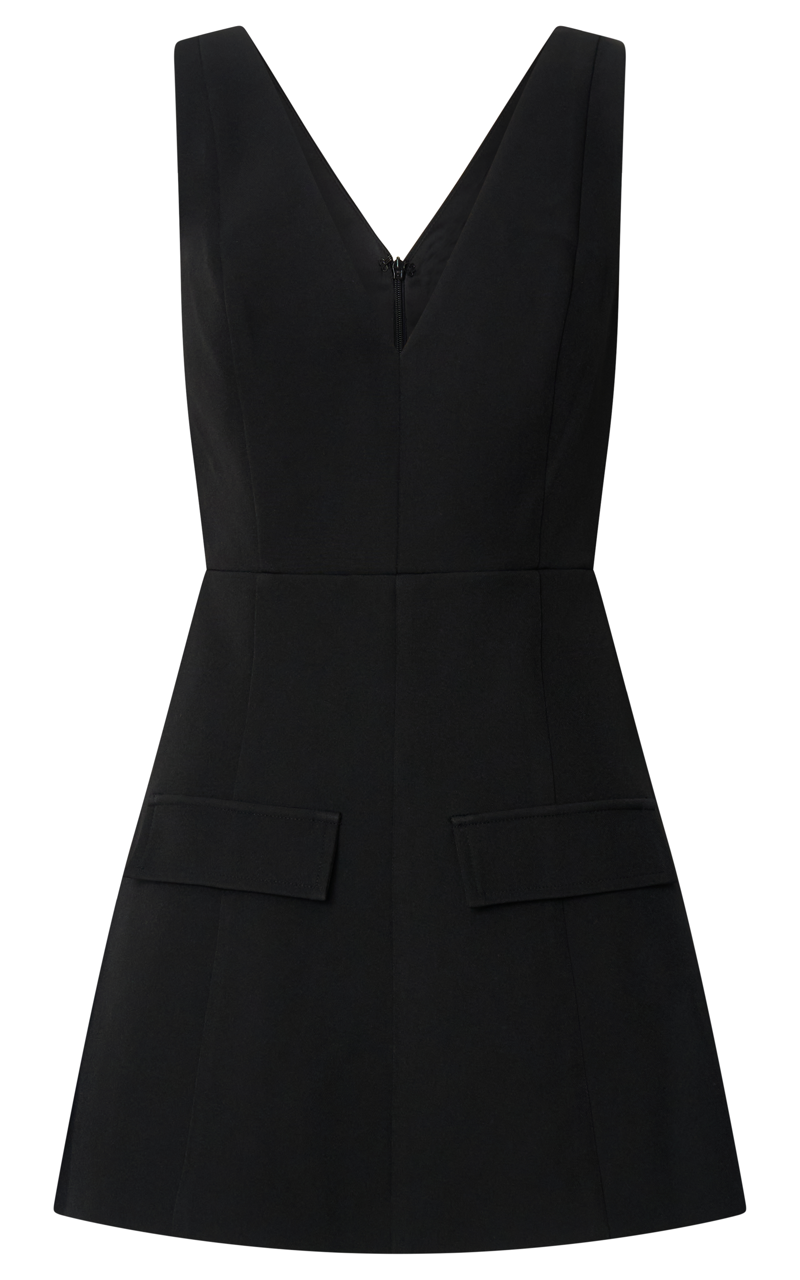 Zareena Mini Dress - V Neck Structured Tulip Pocket Detail Dress in Black