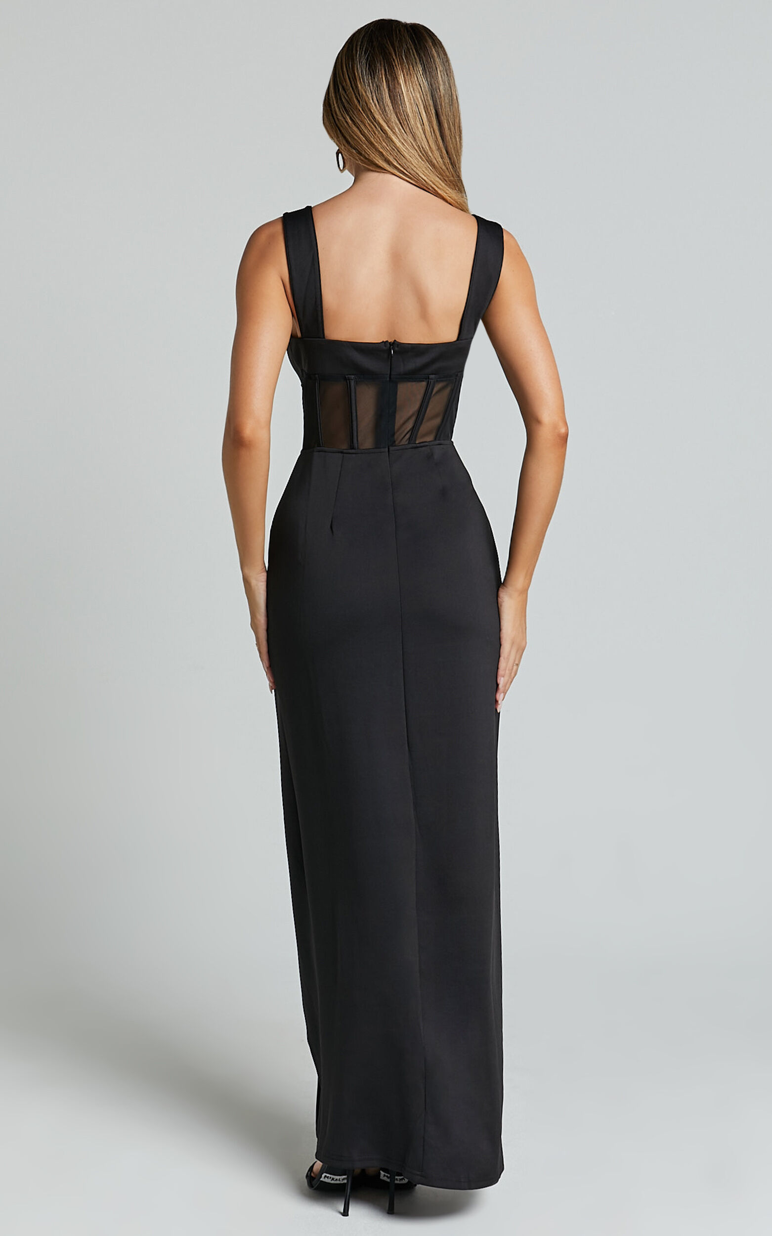 Perrie Midi Dress - Mesh Corset Dress in Black