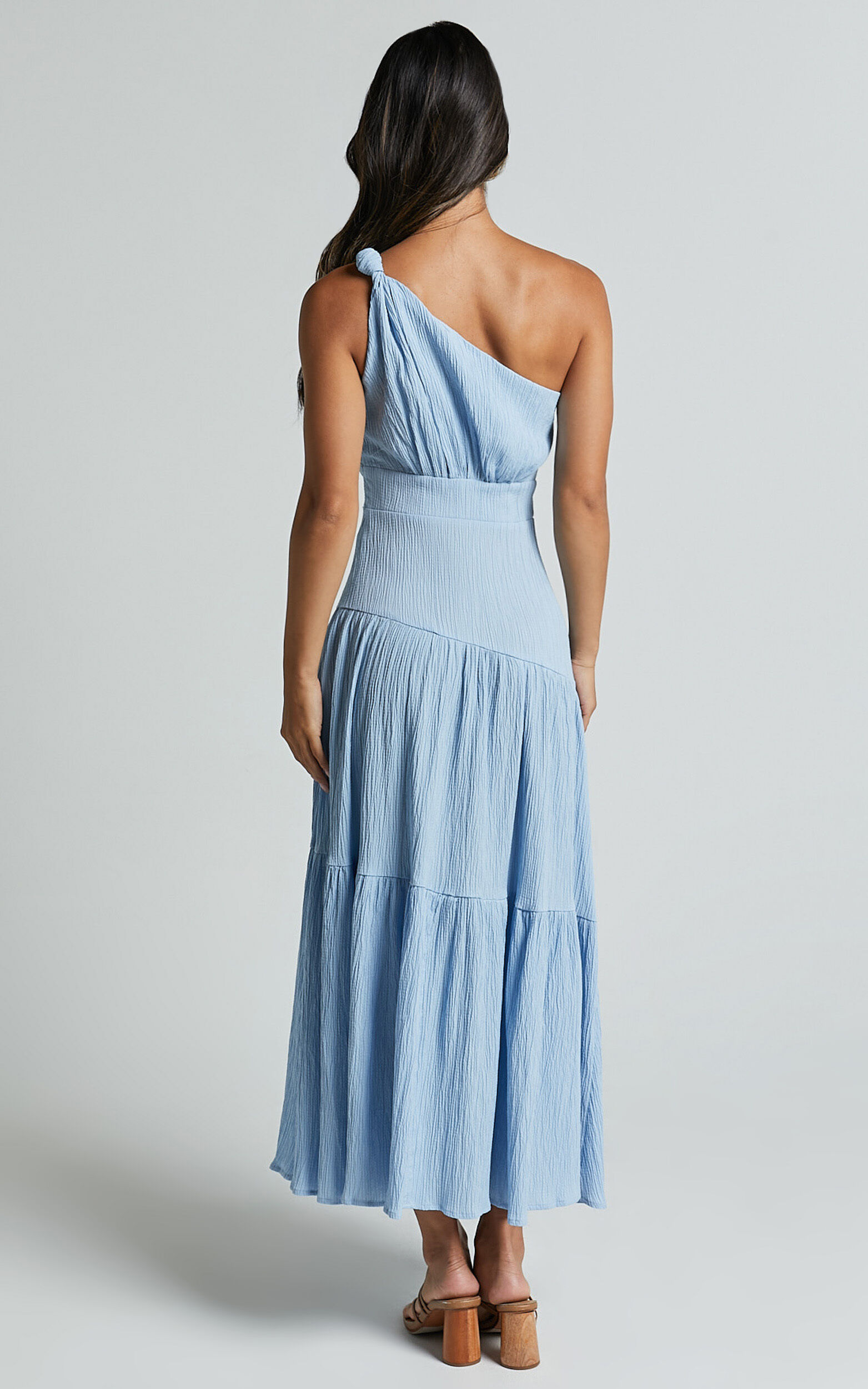 Celestia Midi Dress - Tiered One Shoulder Dress in Soft Blue