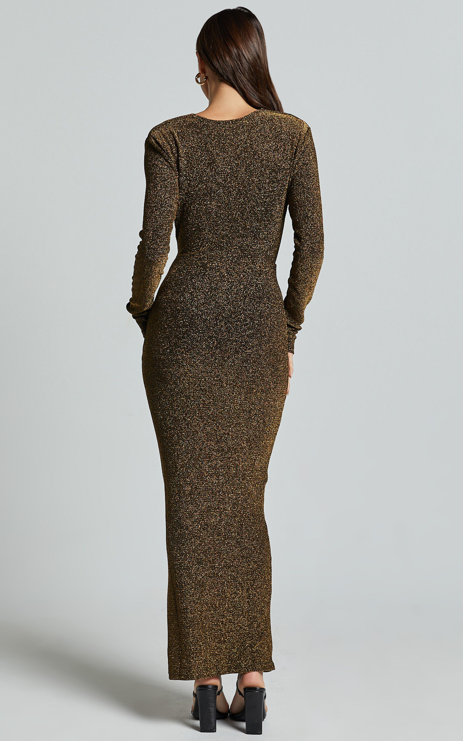 Paisley Midi Dress - Plunge Cowl Neck Long Sleeve Glitter Jersey Dress in Gold