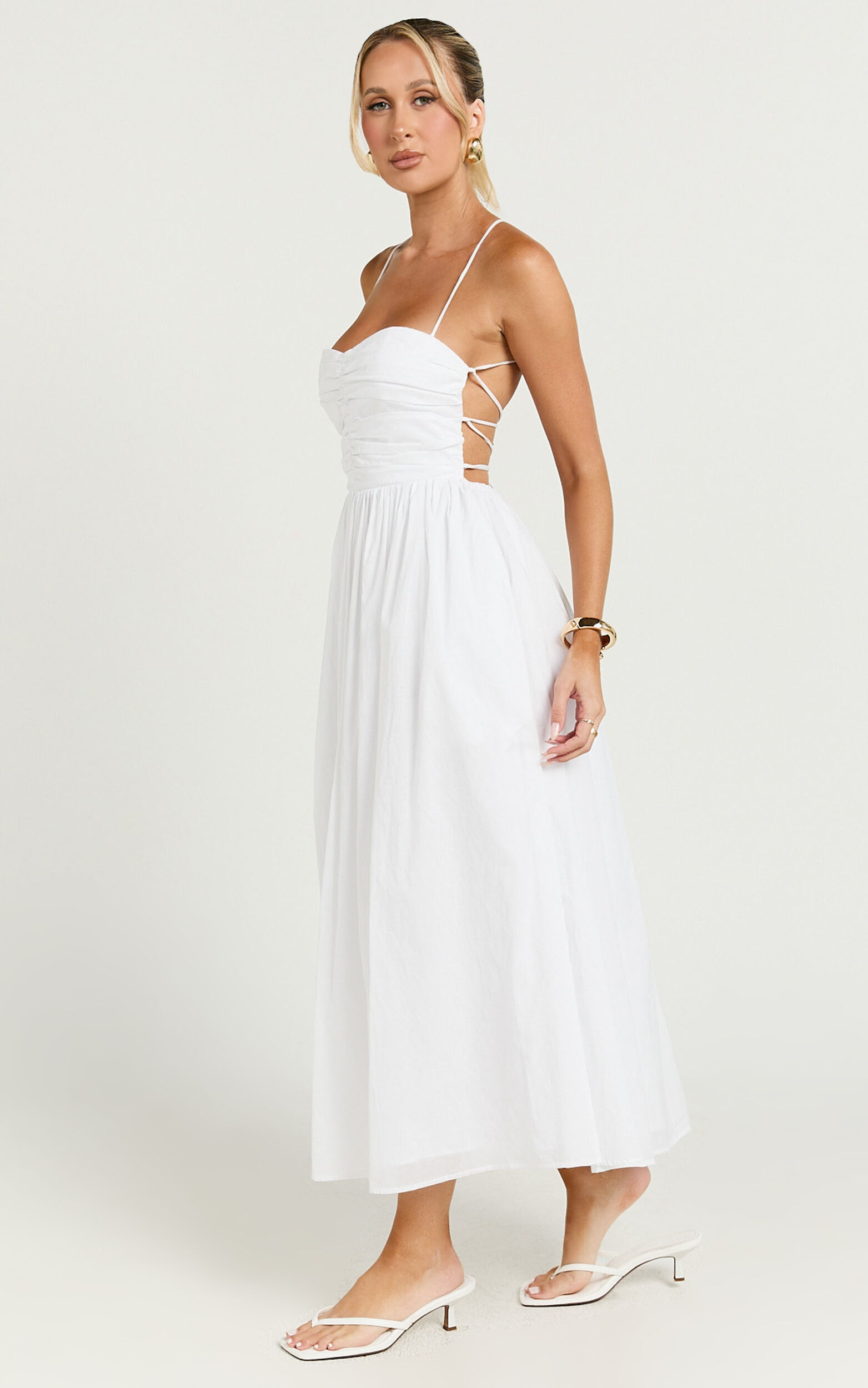 Caroline Midi Dress - Strapped Ruched Bodice Gathered Skirt Dress in White