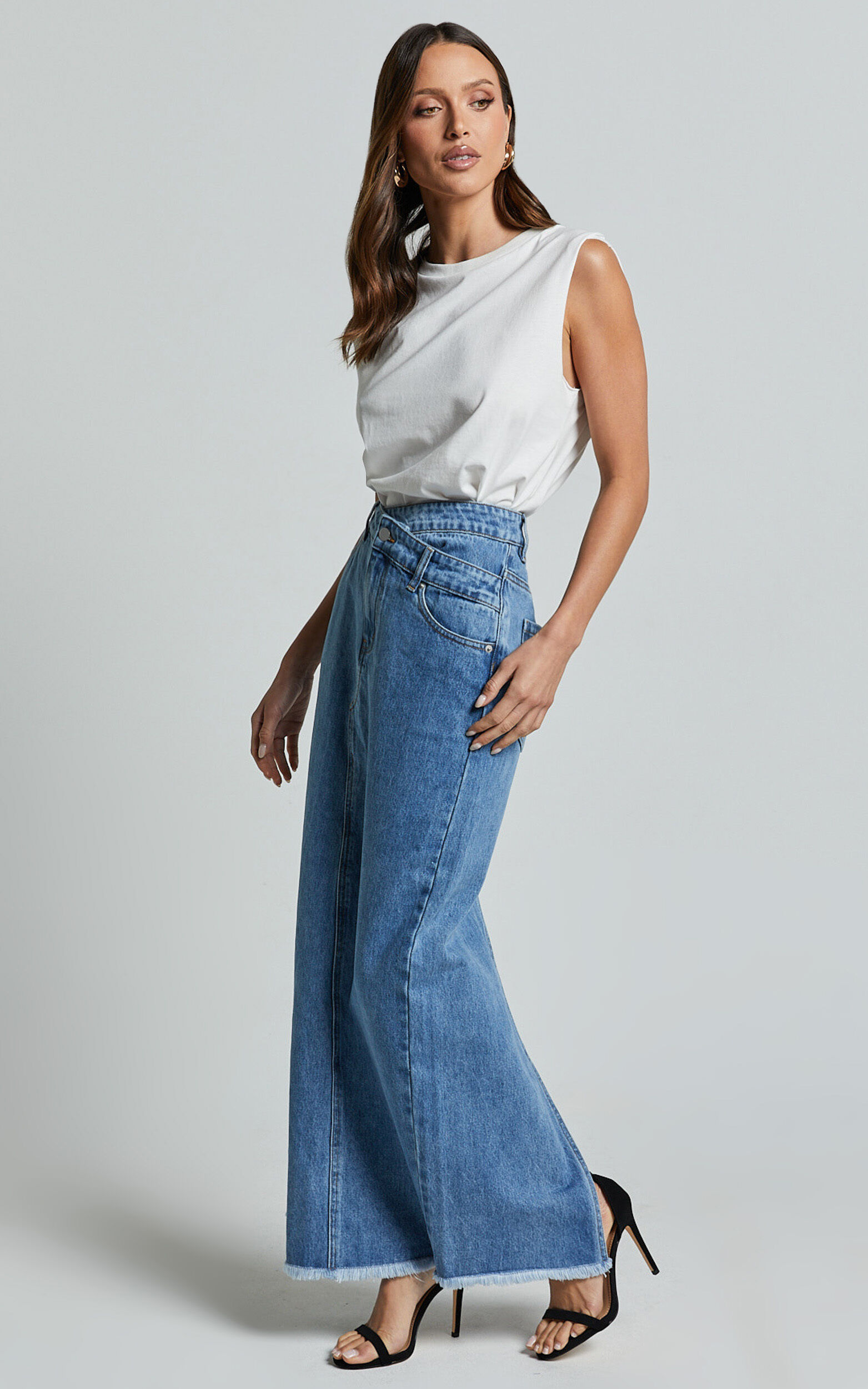 Evelyn Maxi Skirt - High Asymmetrical Waist Frayed Hem Denim Skirt in Mid Blue Wash