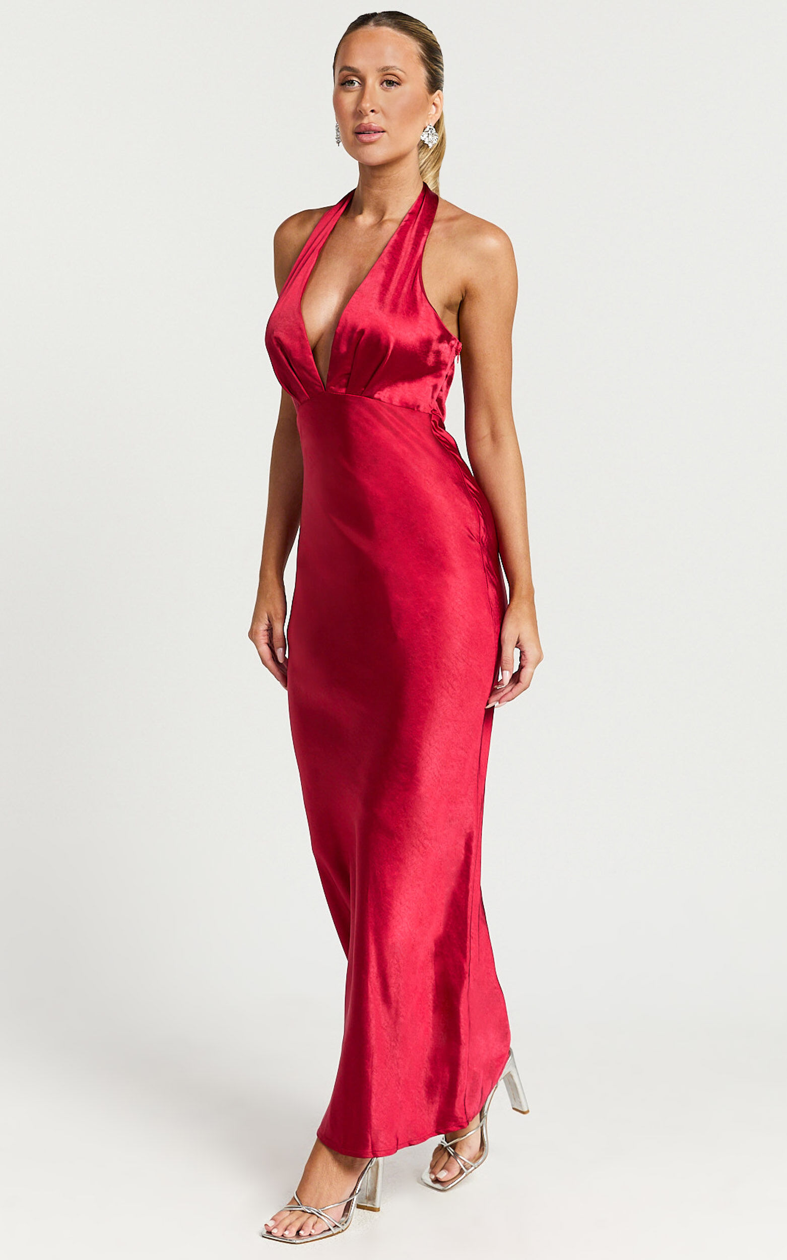 Prima Maxi Dress - Plunge Satin Dress in Red