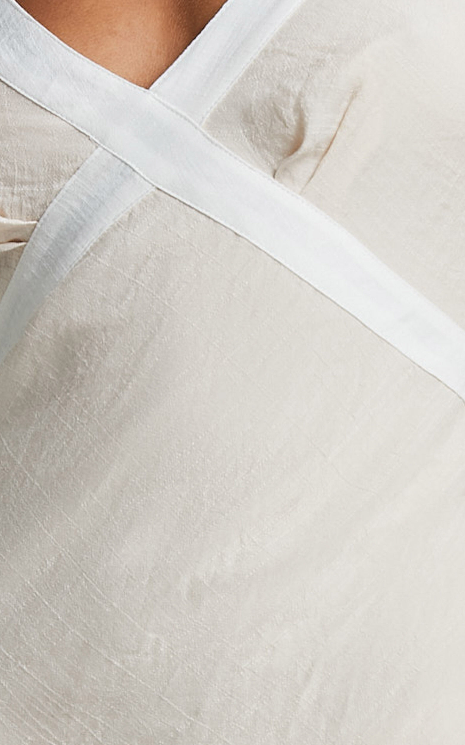 Chakyra Midi Linen Dress - Contrast Strap Bias Cut Column Dress in Beige with White Contrast