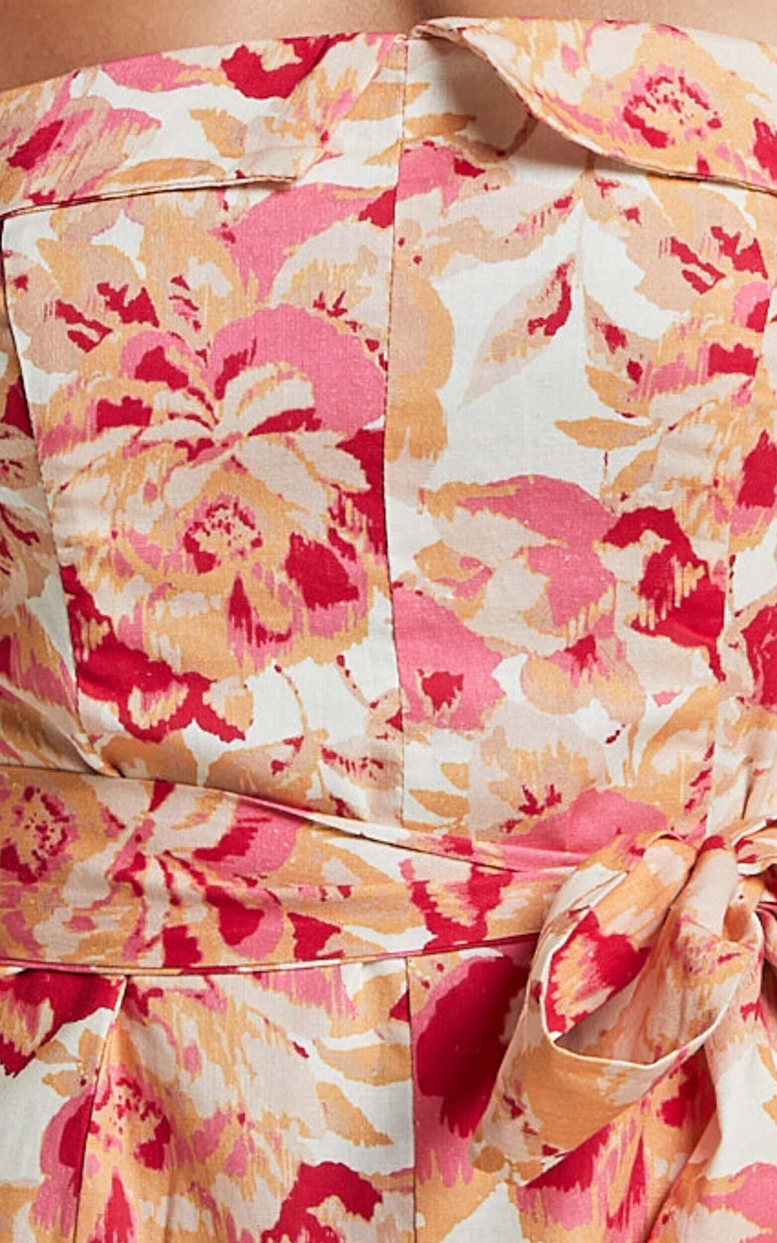 Amalie The Label - Simmona Linen Blend Strapless Tie Waist Mini Dress in Sienna Print