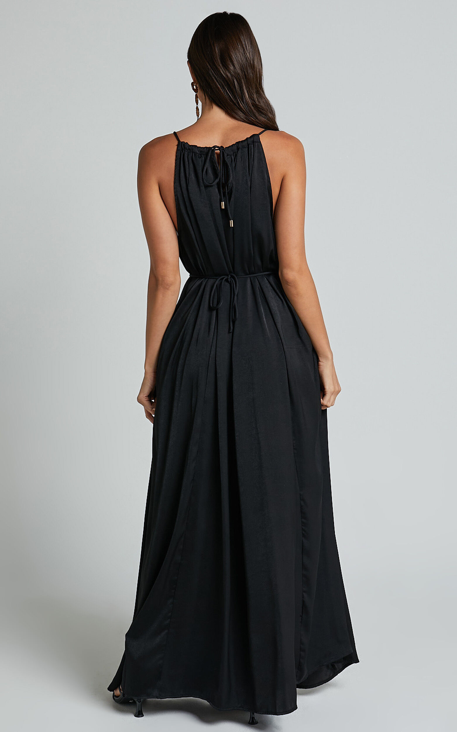 Aliciana Maxi Dress - Halter Neck Tie Back Dress in Black