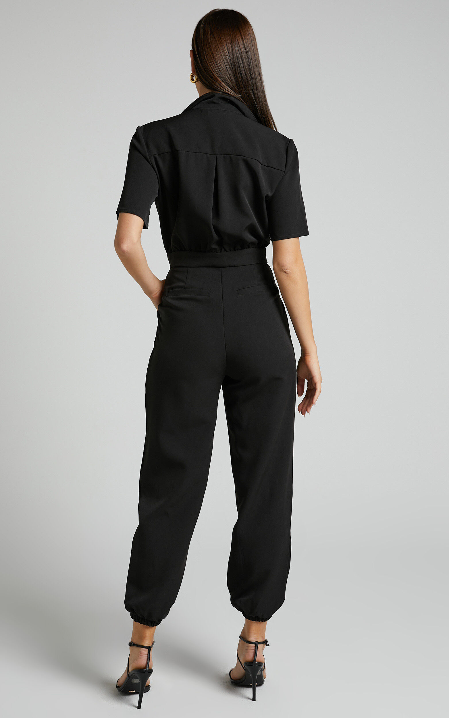 Coco Jumpsuit - Collared Short Sleeve Straight Leg Jumpsuit in Black