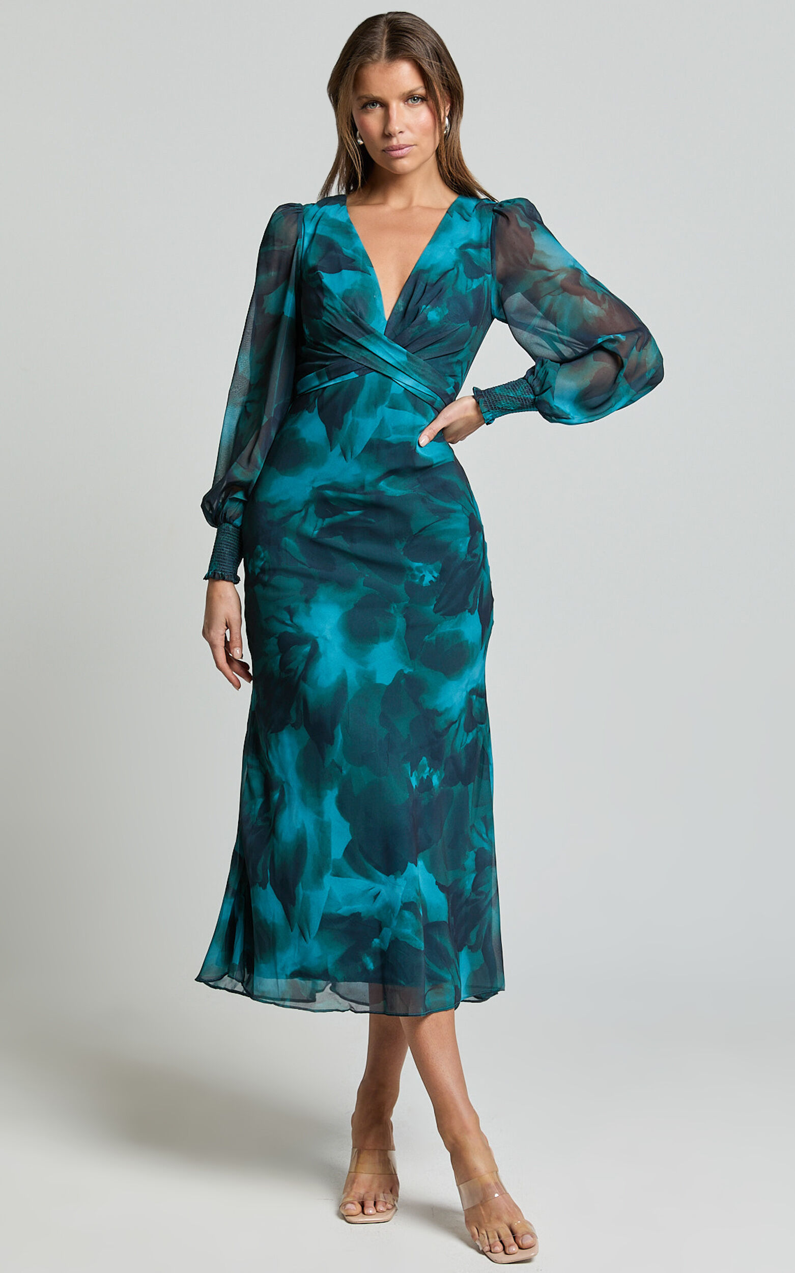 Artelia Midi Dress - V Neck Long Sleeve Slip Dress in Emerald