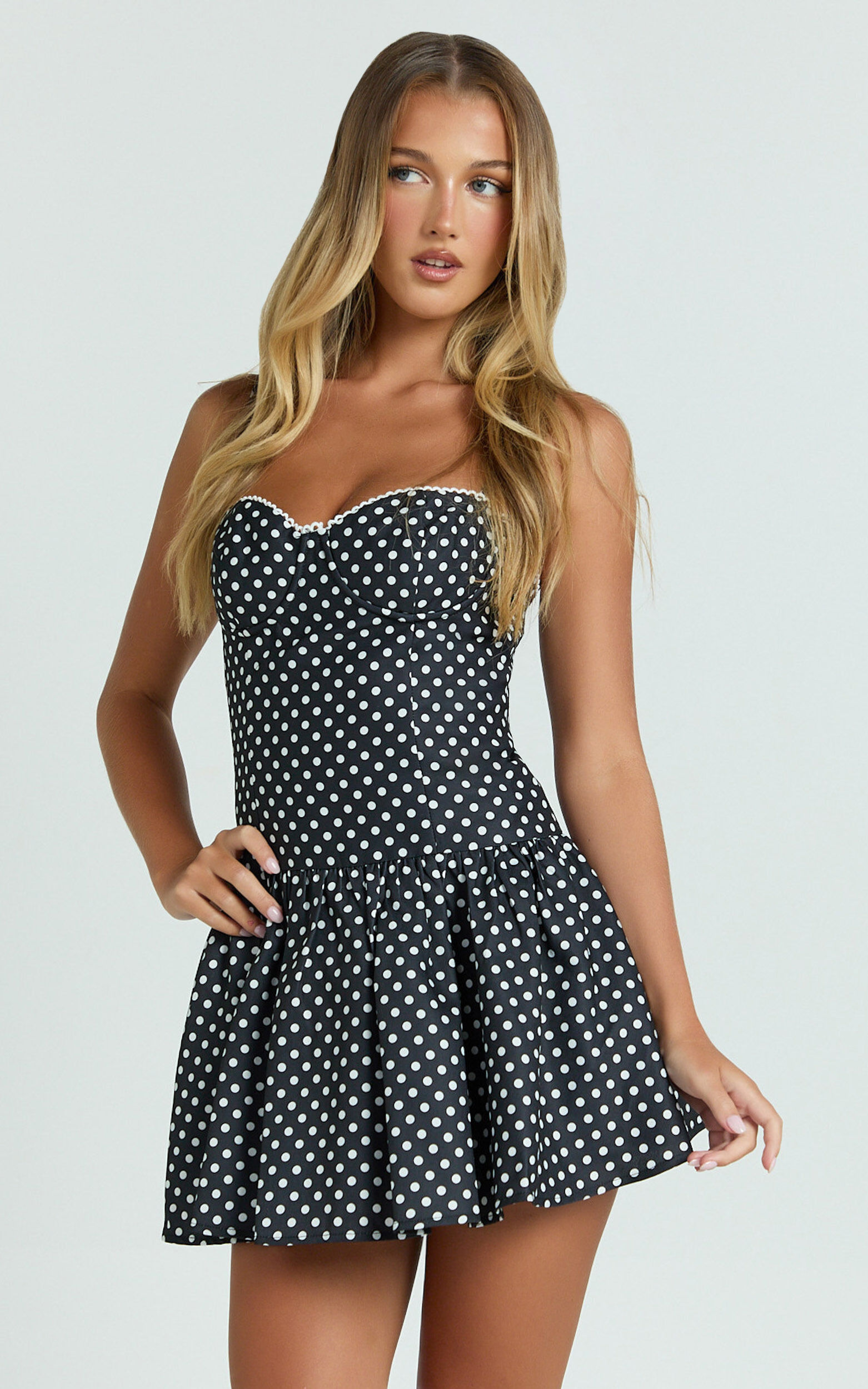 Tatiana Mini Dress - Sweetheart Corset Gathered Drop Waist Dress in Black