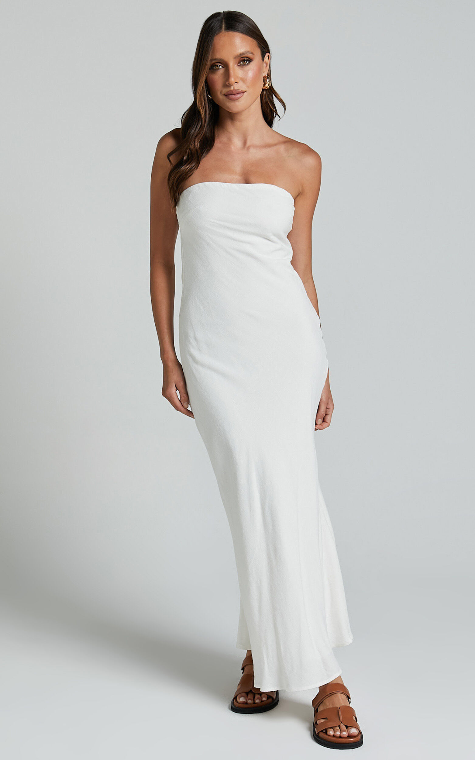 Aaliya Midi Dress - Linen Strapless Slip Dress in Off White