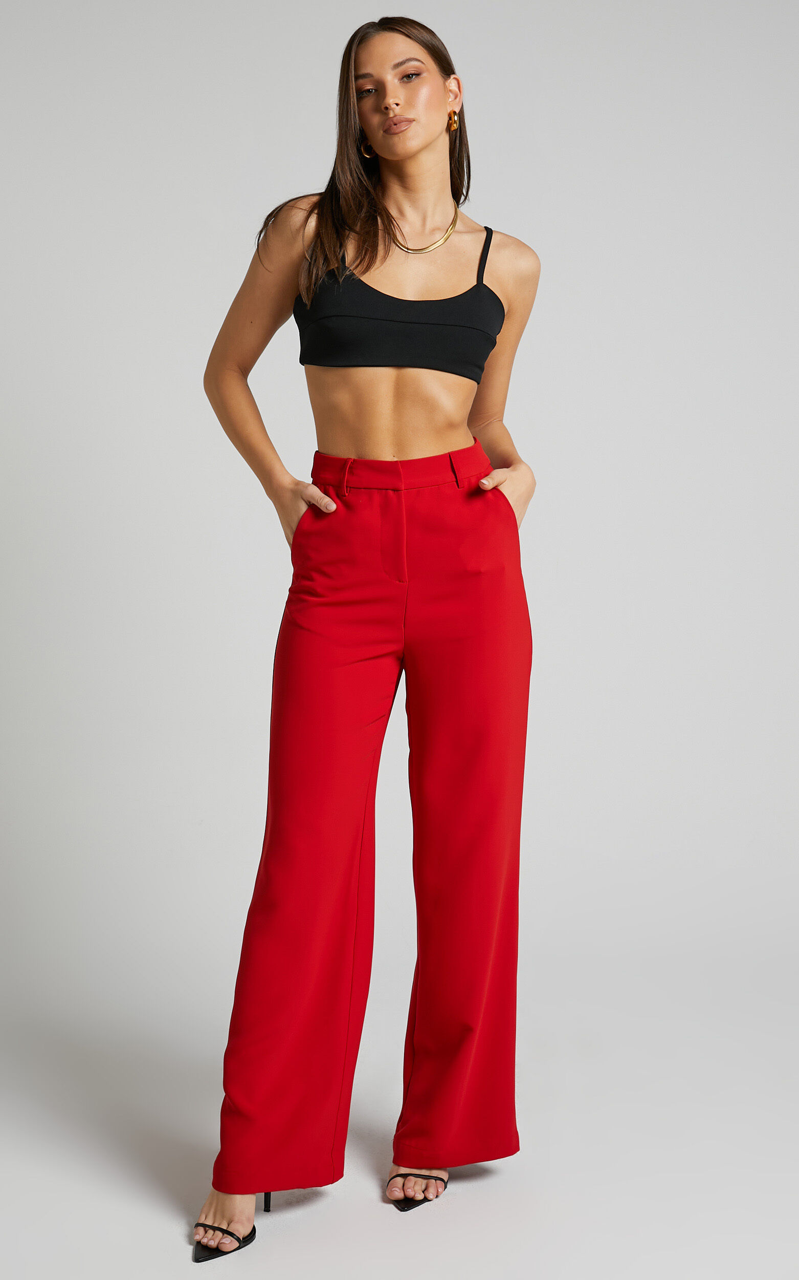 Bonnie Pants - High Waisted Tailored Wide Leg Pants in Red