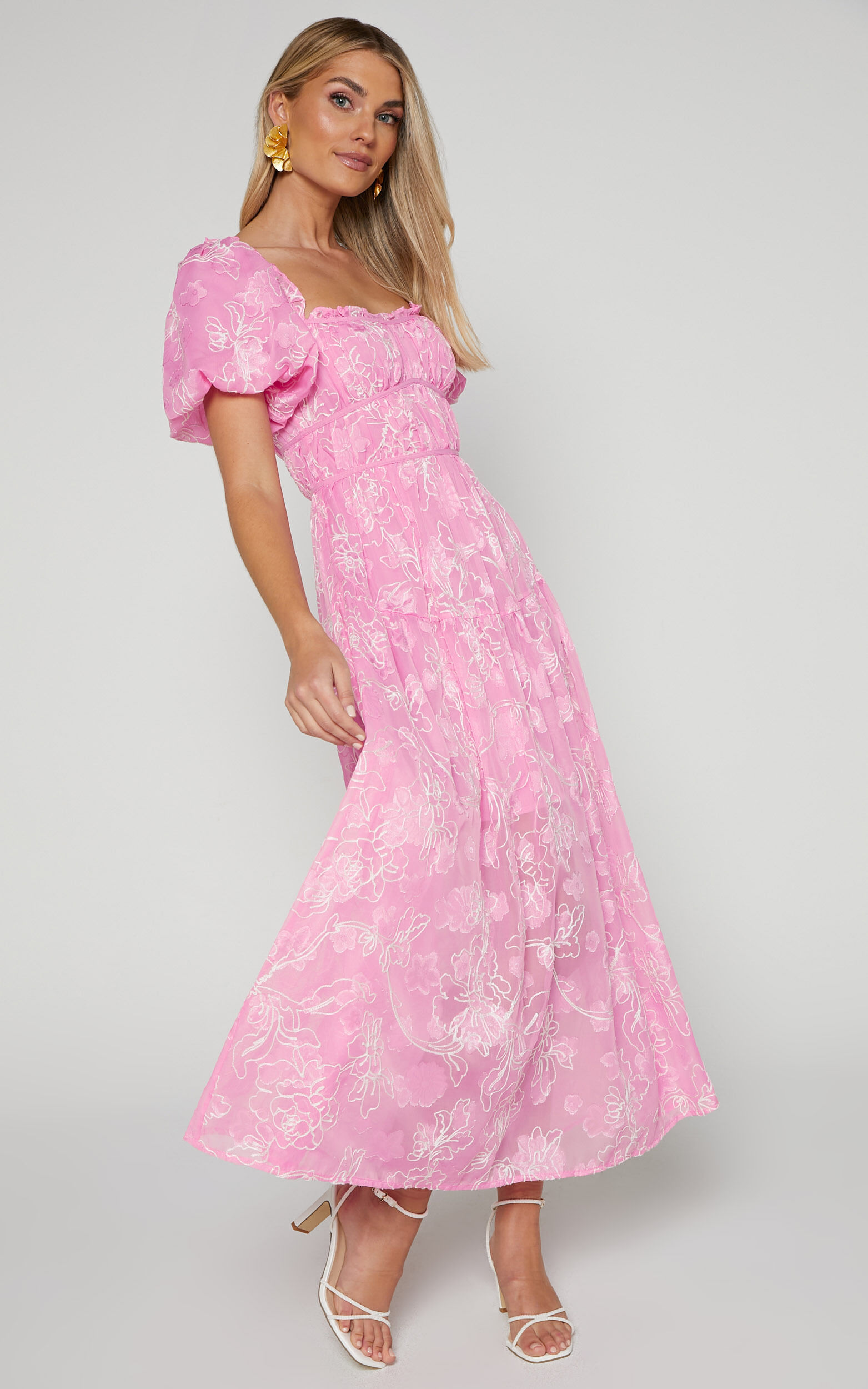 Harley Midi Dress - Puff Sleeve Dress in Pink