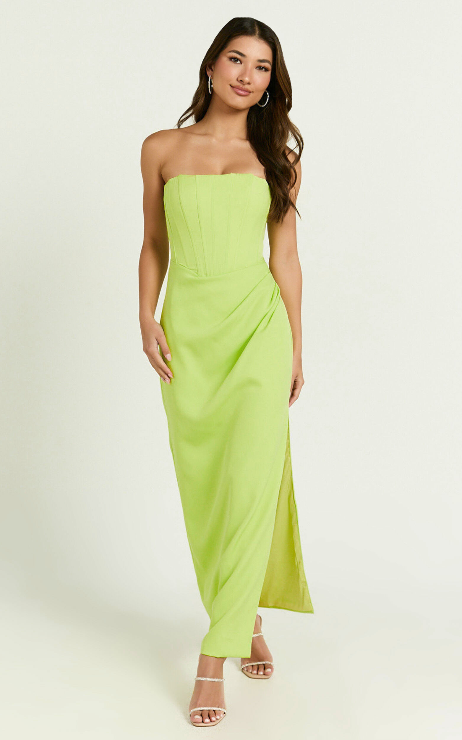 Avery Midi Dress - Strapless Draped Side Split Dress in Lime