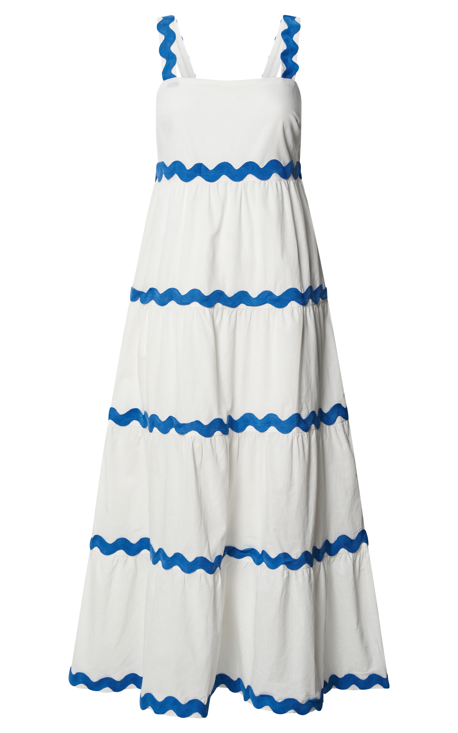 Brenda Midi Dress - Sleeveless Straight Neck Wave Detail A Line Dress in White