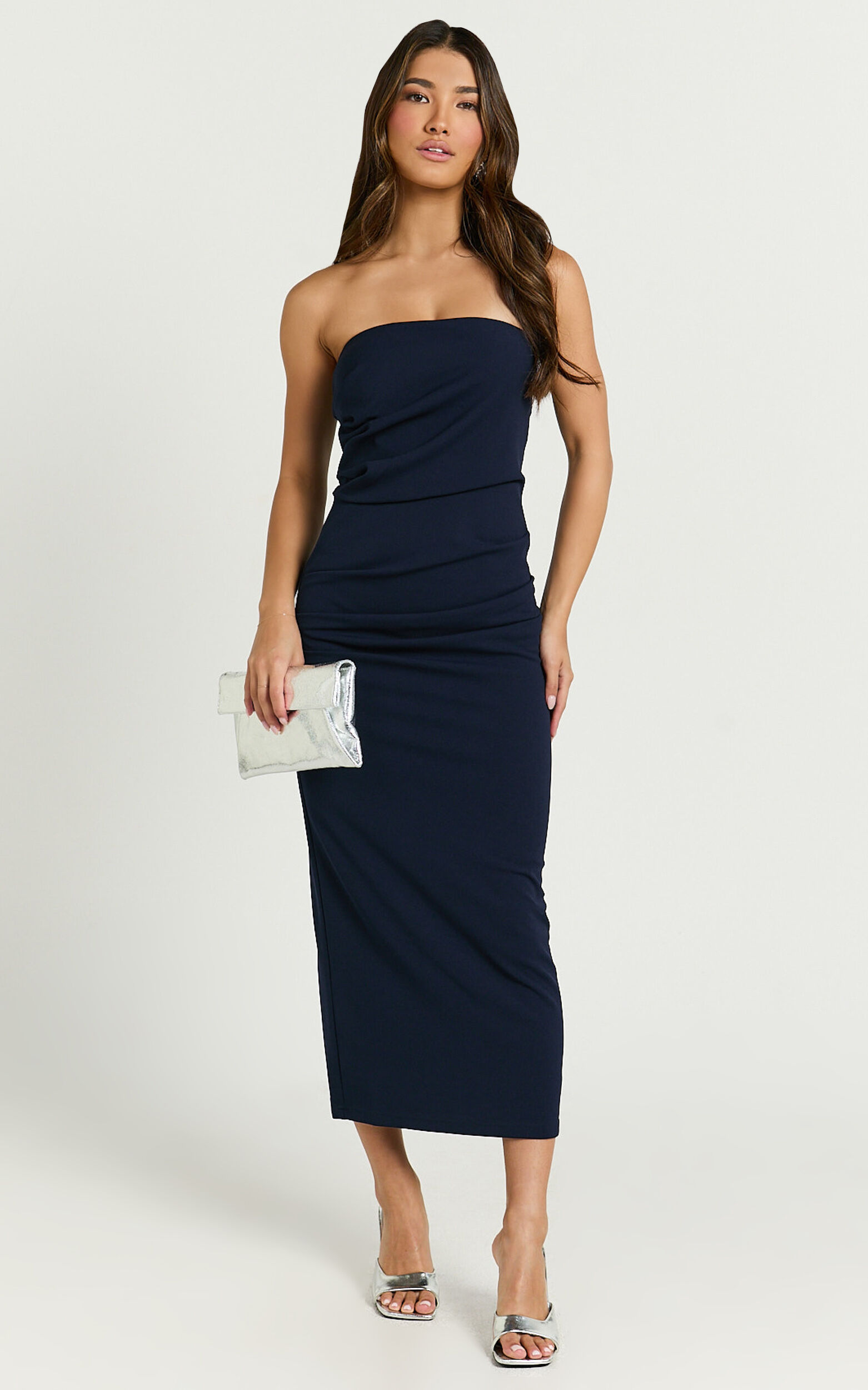 Calanthe Midi Dress - Strapless Tuck Detail Dress in Navy