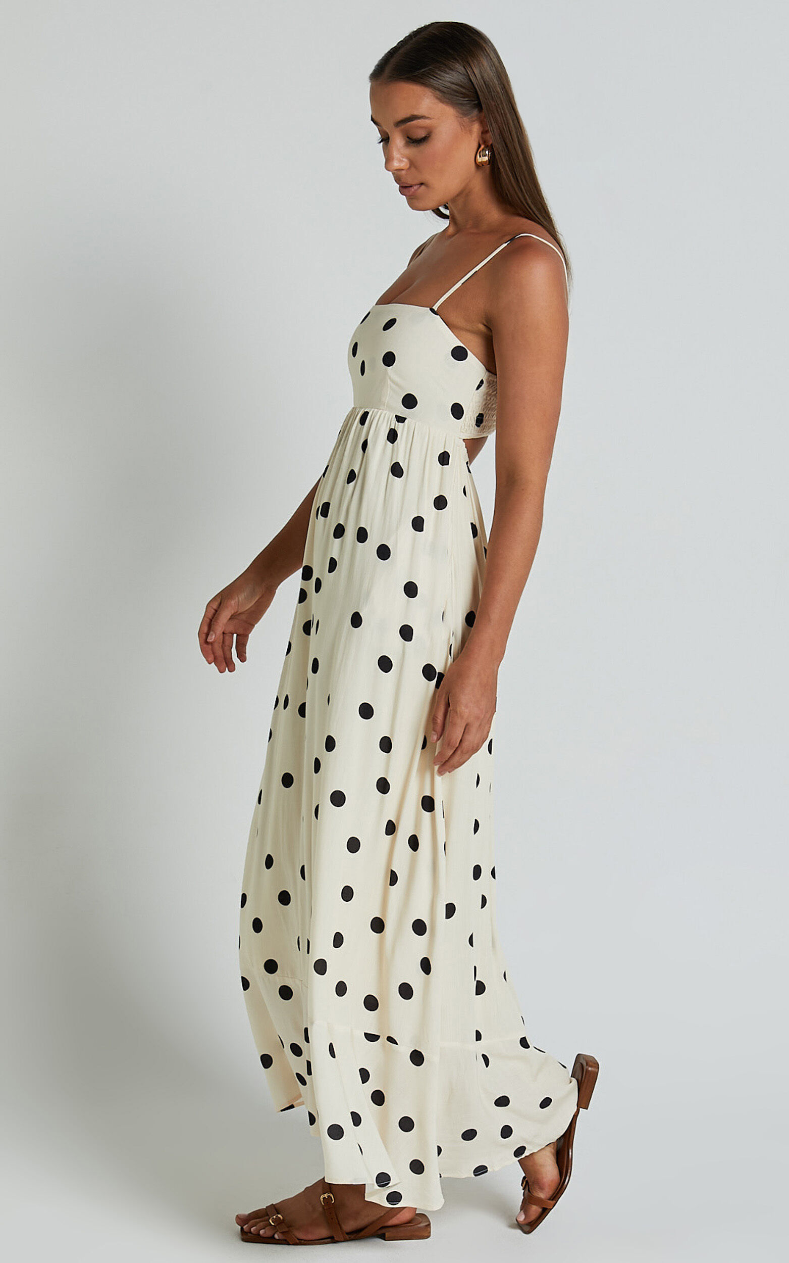 Miriam Midi Linen Dress - Strappy Straight Neck A Line Dress in Beige & Black Spot
