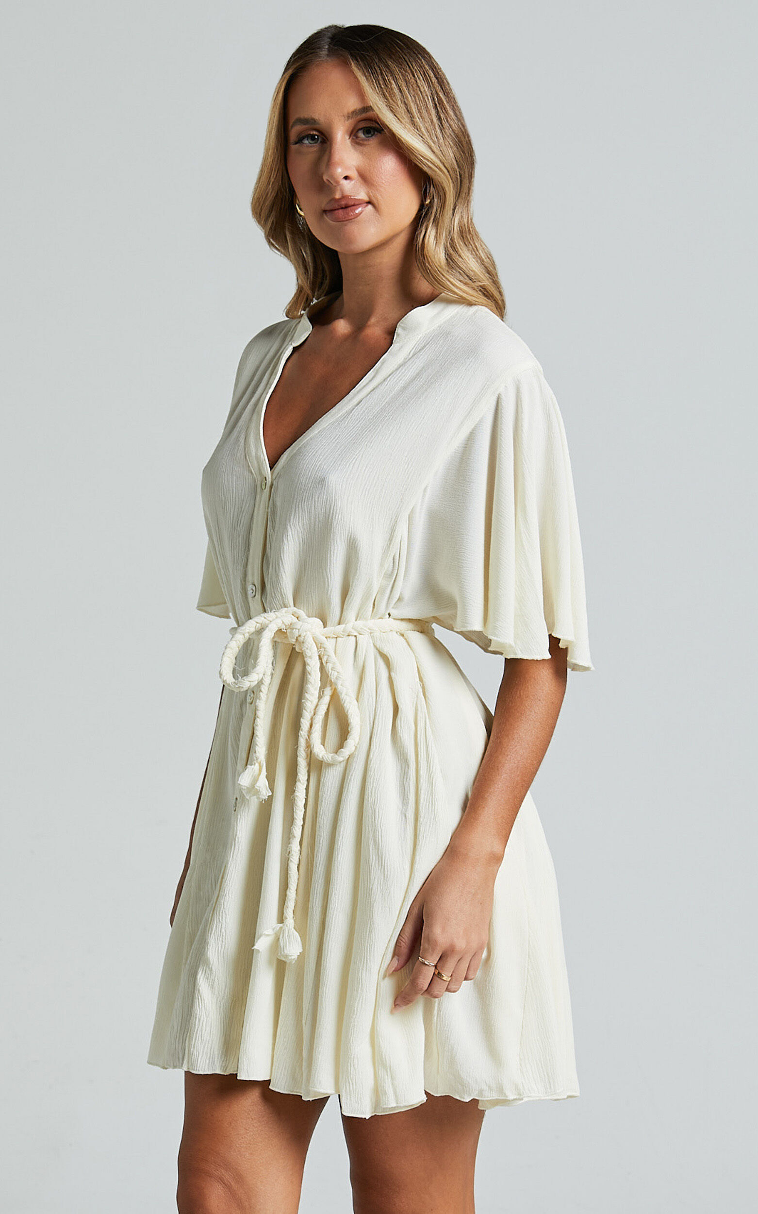 Cathe Mini Dress - V Neck Button Through Short Flutter Sleeve Tie Waist in Off White