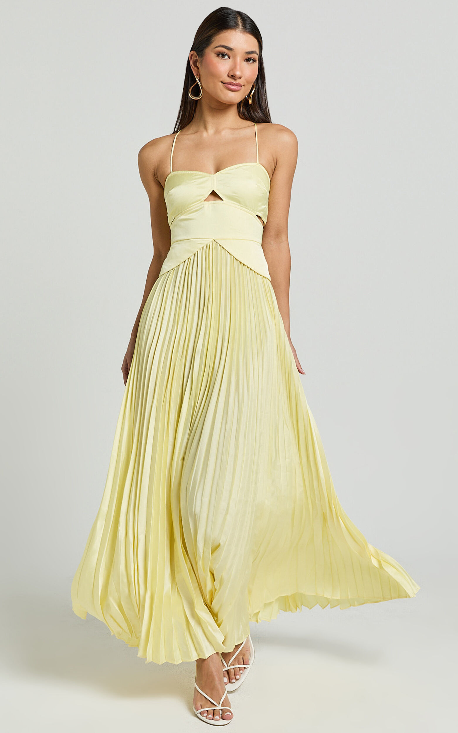 Shay Maxi Dress - Sweetheart Cut Out Pleated Dress in Lemon