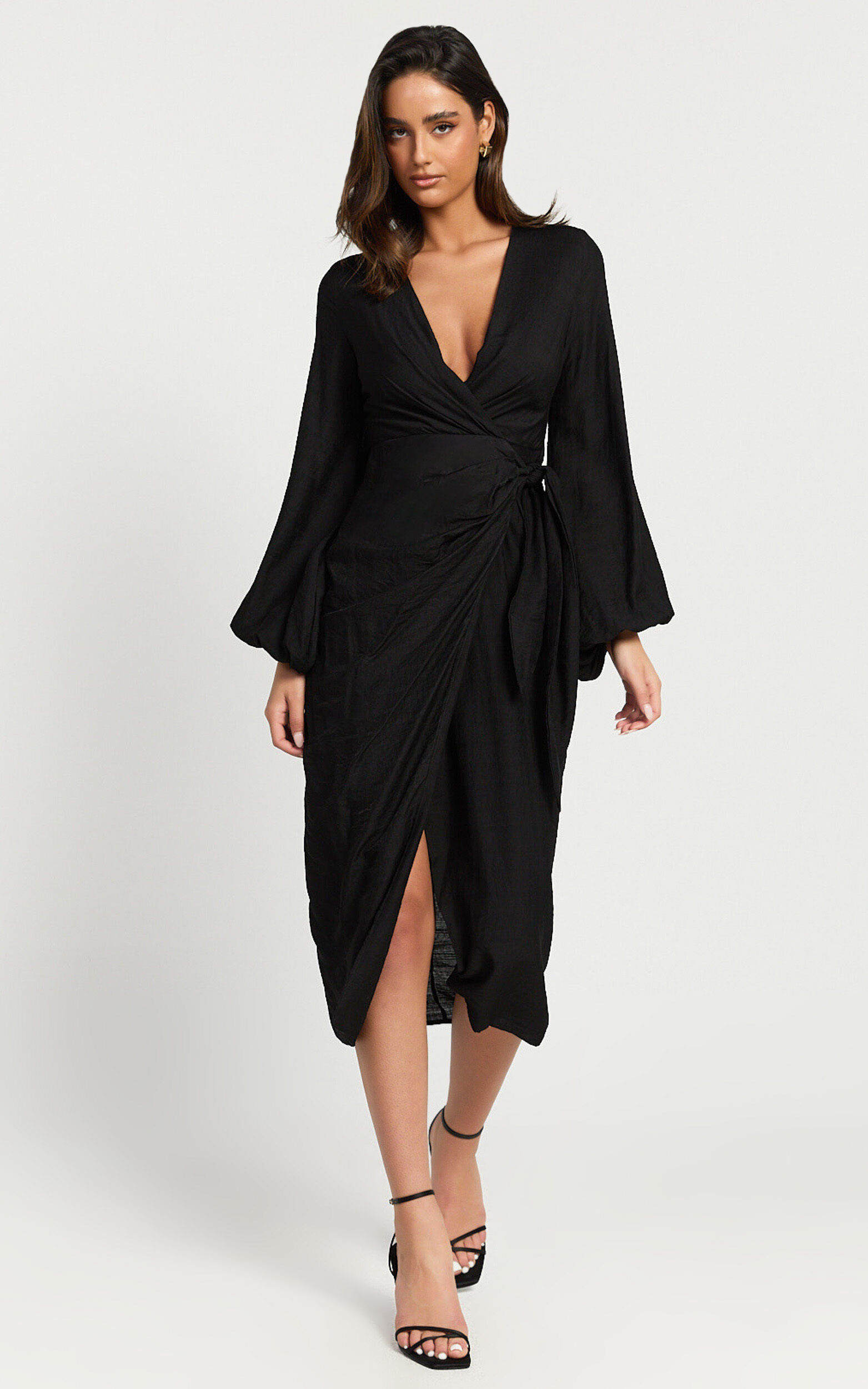 Taylor Midi Dress - Long Sleeve Wrap Dress in Black