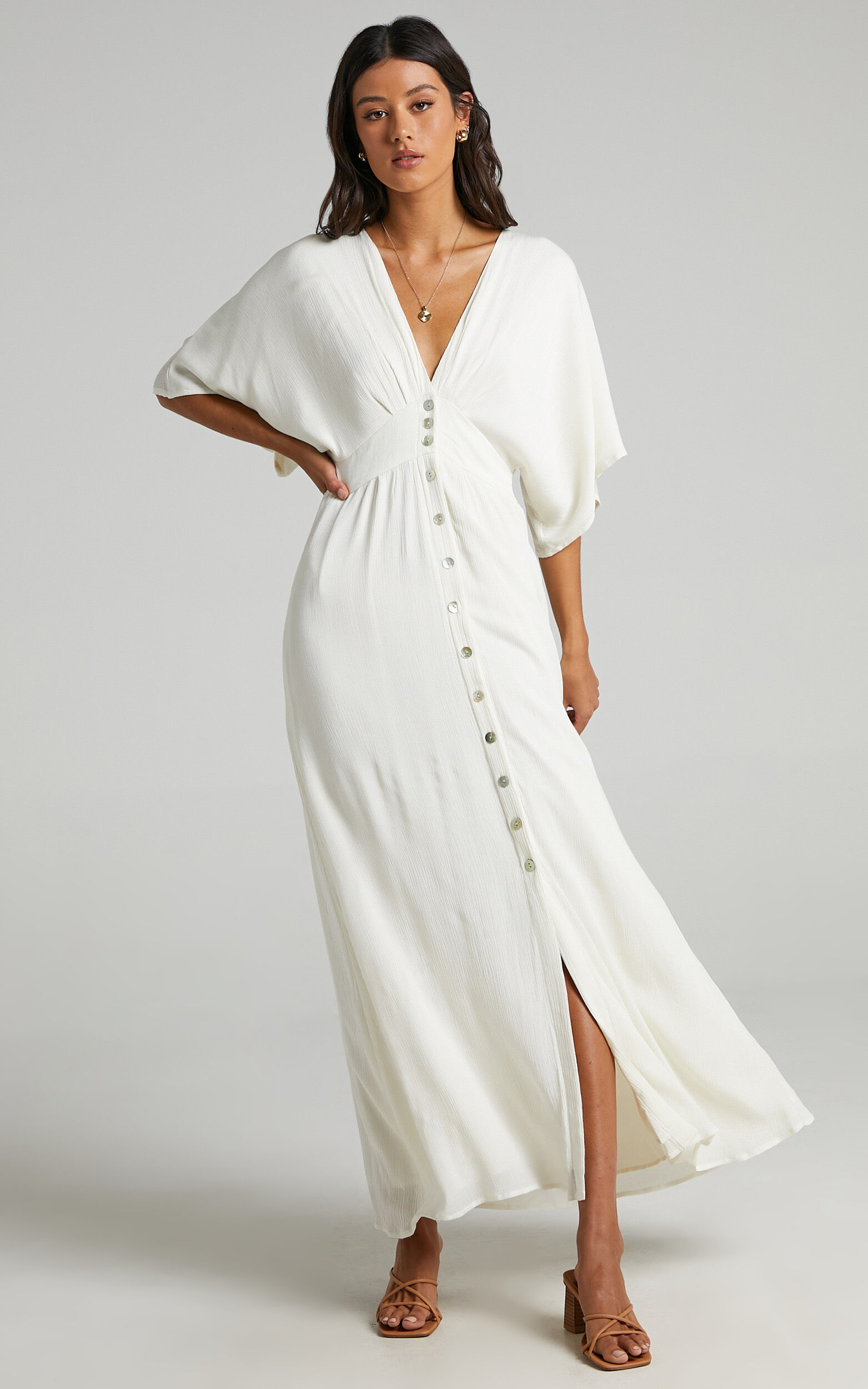 Sitting Pretty Maxi Dress - Short Sleeve Button Down Dress in Natural