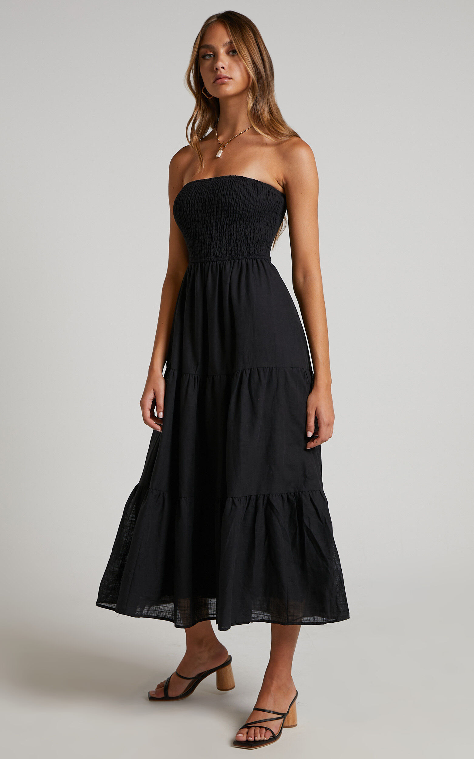 Zoe Midi Dress - Strapless Shirred Bodice Tiered Dress in Black