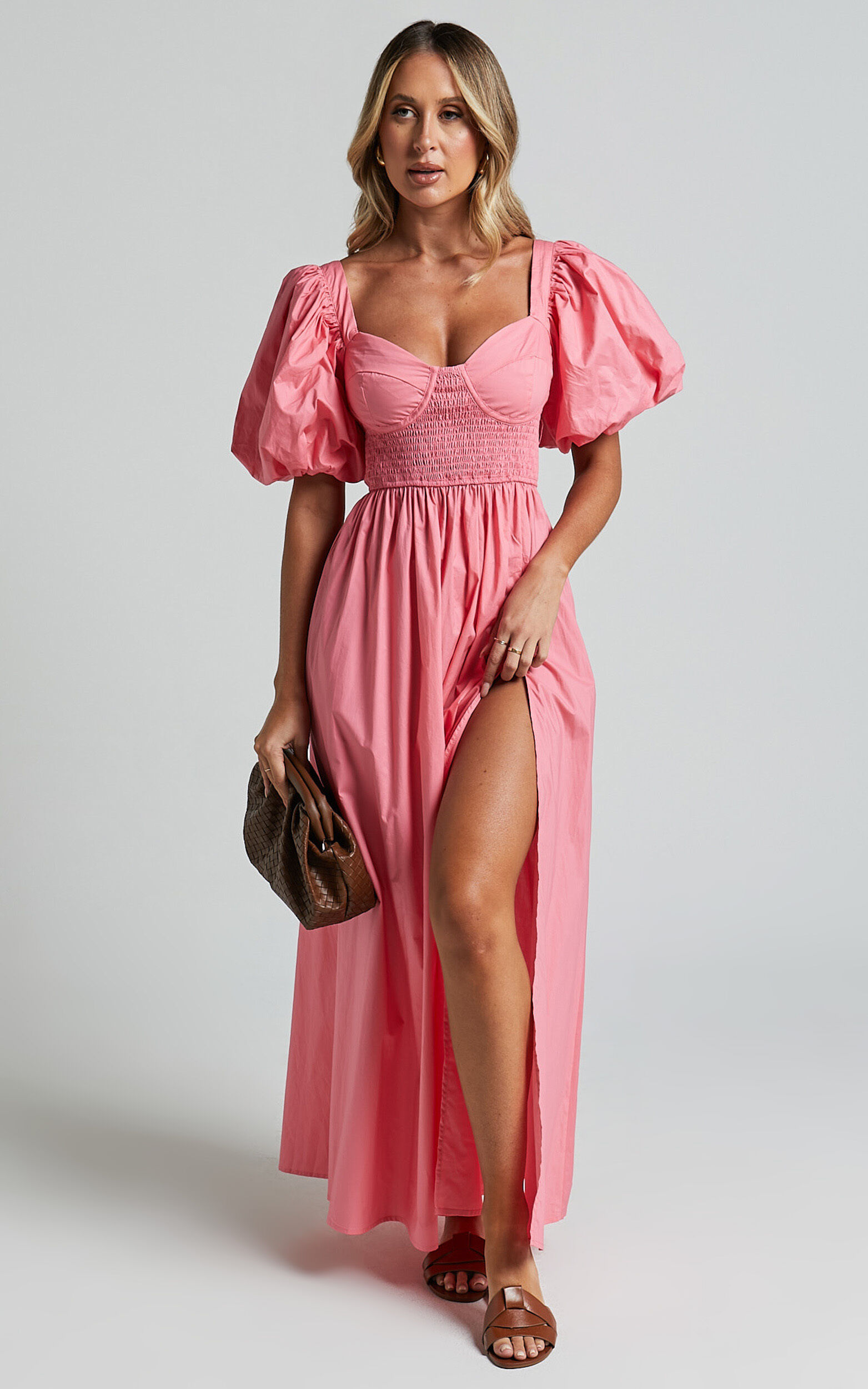 Raiza Midi Dress - Shirred Waist Puff Sleeve Dress in Coral Pink