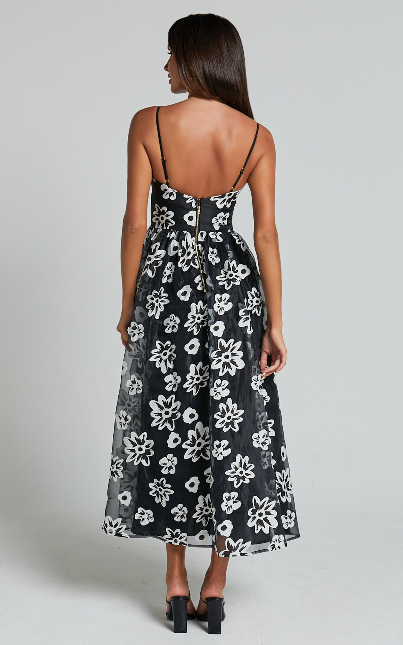Nikky Midi Dress - Organza Full Skirt Dress in Black Floral
