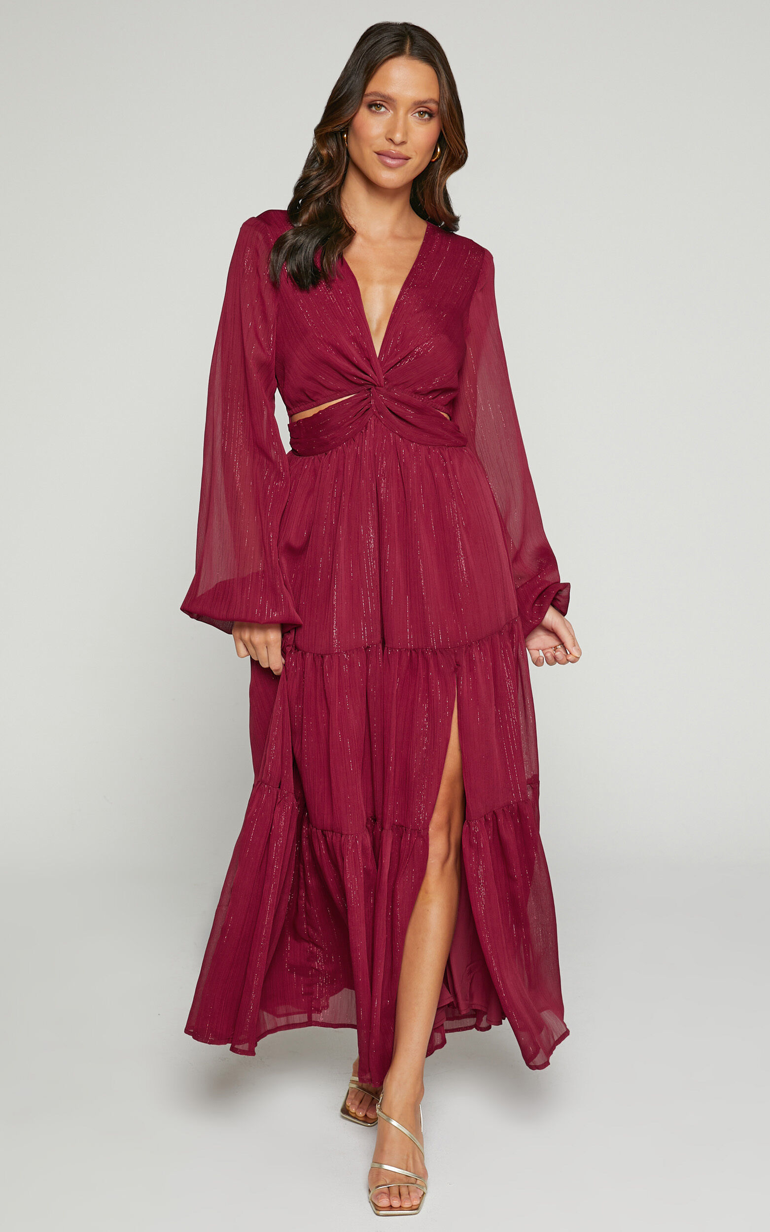 Edelyn Midi Dress - Cut Out Balloon Sleeve Tiered Dress in Burgundy