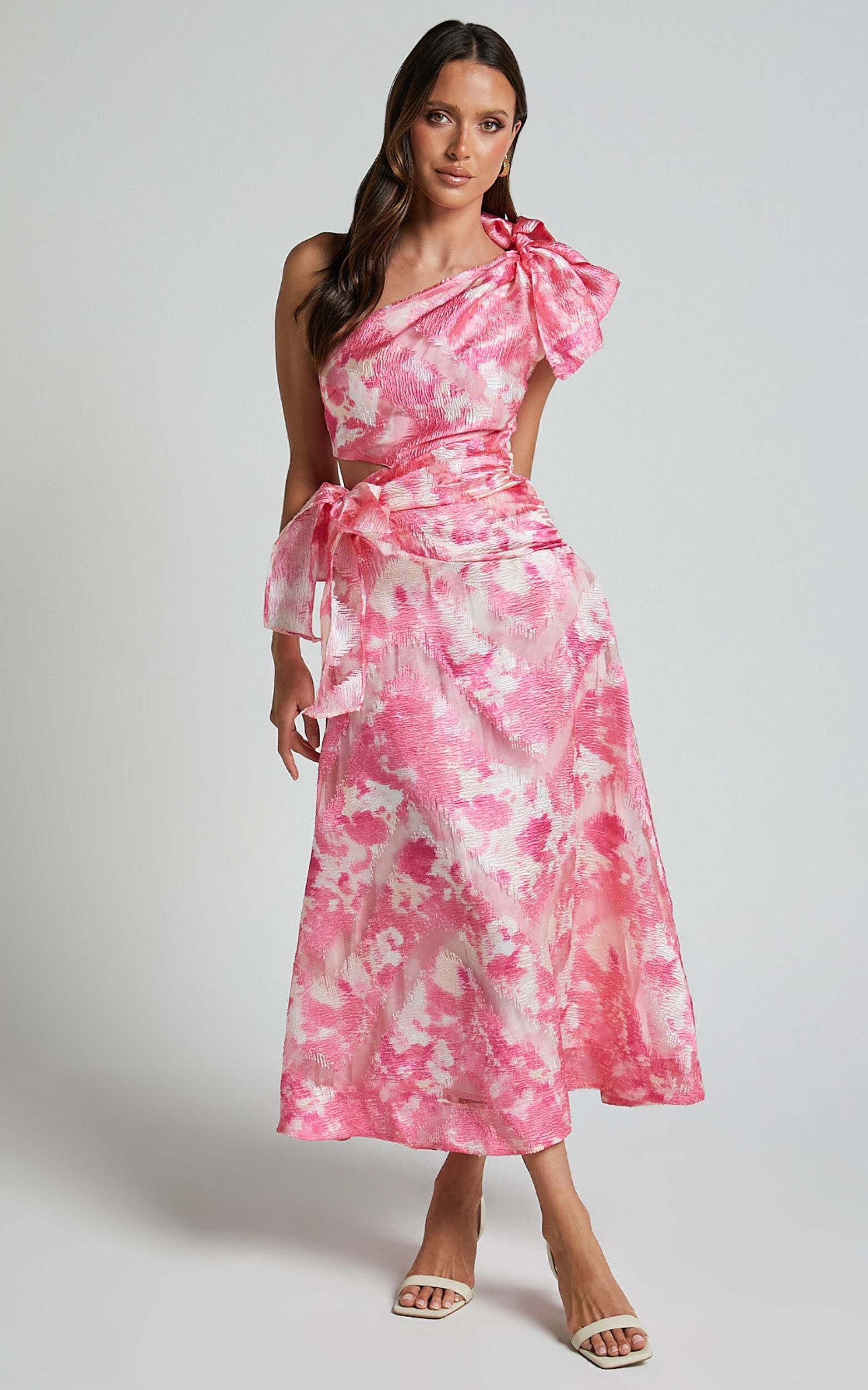 Adelia Midi Dress - One Shoulder Tie Side Cut Out Ribbon Detail Dress in Print