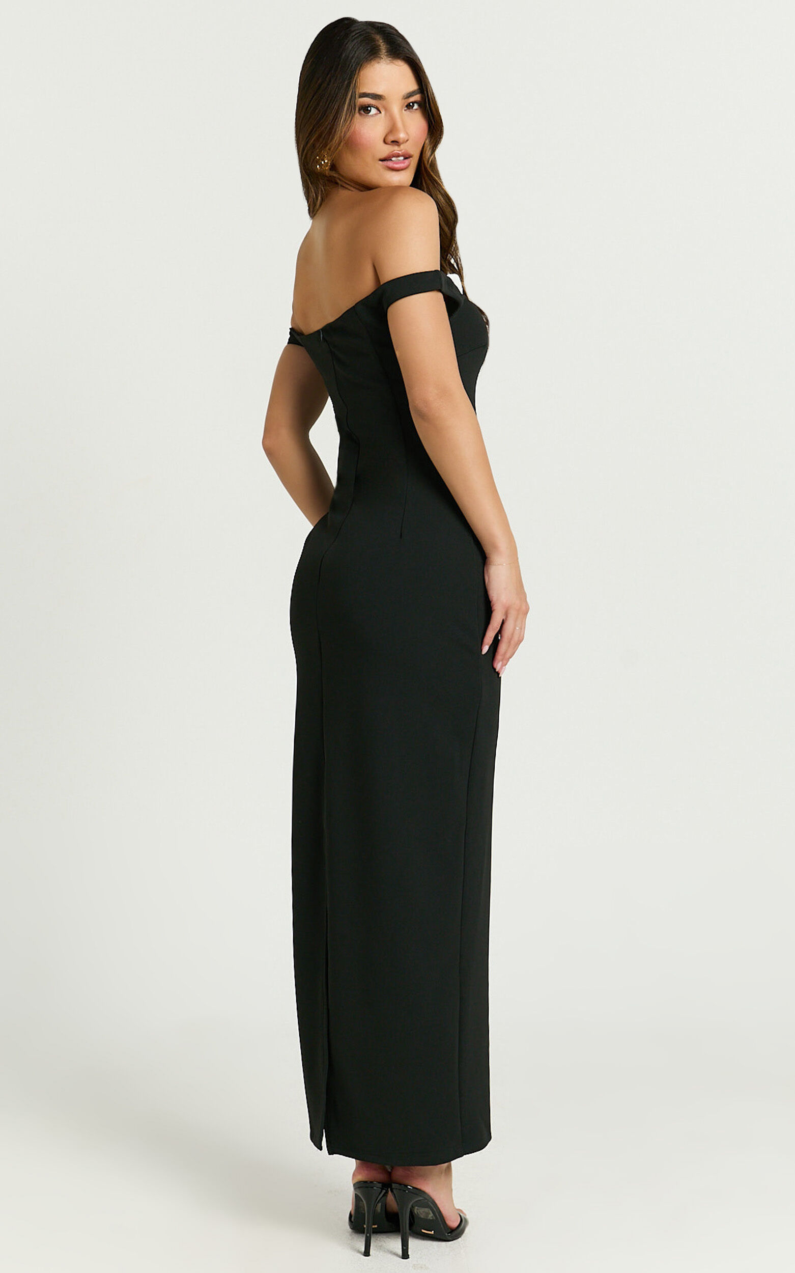 Raquel Midi Dress - Off The Shoulder Contrast Neck Detialing Dress in Black