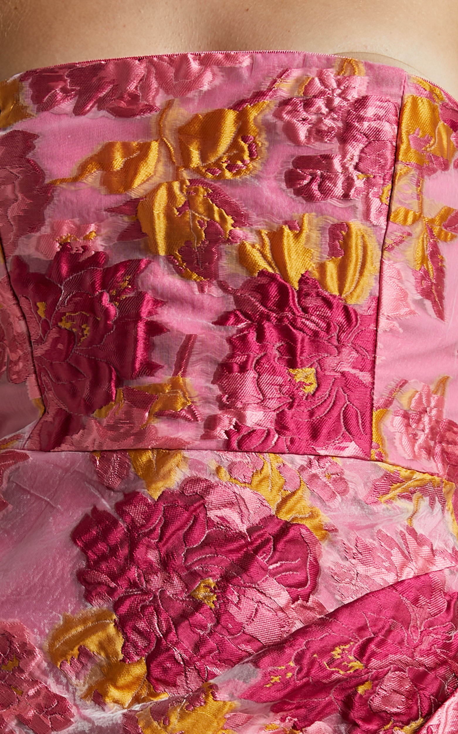 Brailey Midi Dress - Thigh Split Strapless Dress in Pink Jacquard