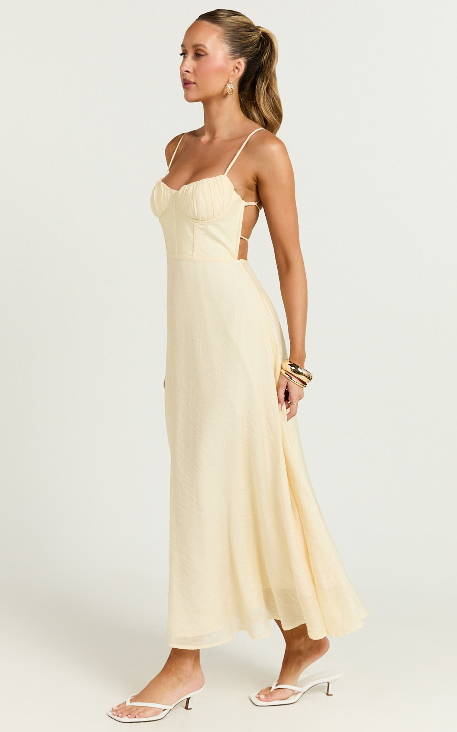 Avalyn Midi Dress - Ruched Bust Corset Dress in Butter