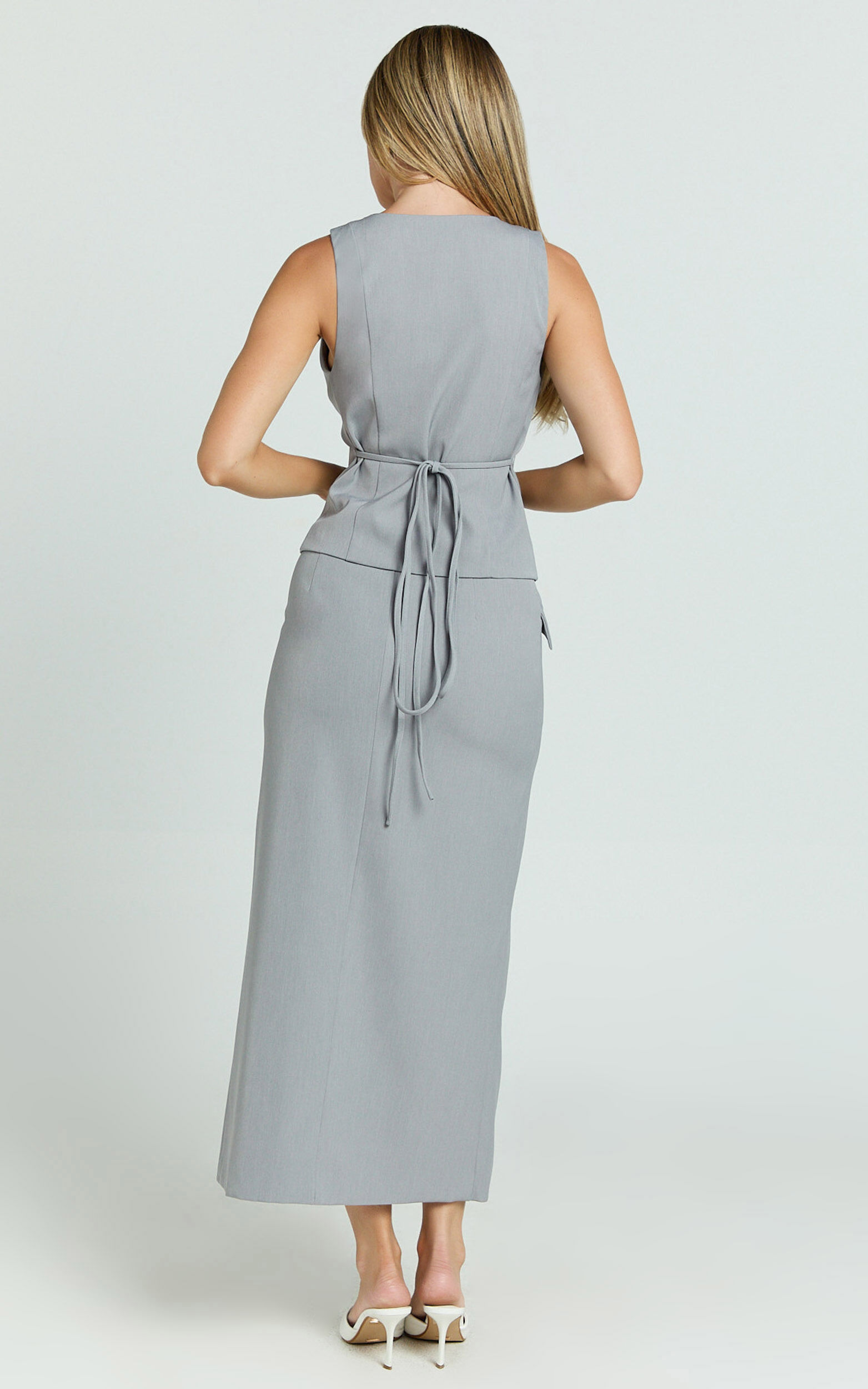 Baylee Midi Skirt - Wrap Front Side Split Skirt in Grey